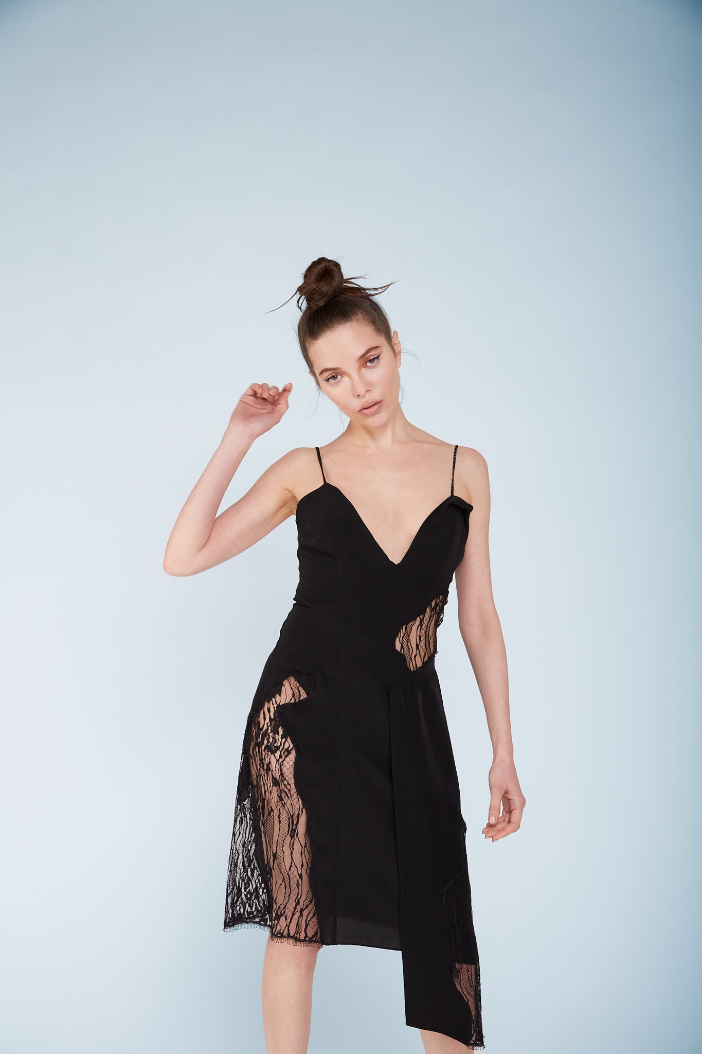 Jasmine Dress in exclusive black French lace, front view showing v-neckline