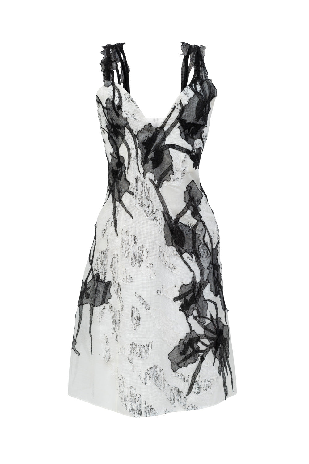 Front view of Jasmine Couture Dress showing fitted bodice and flowing skirt design by ByVarga with the lace applique