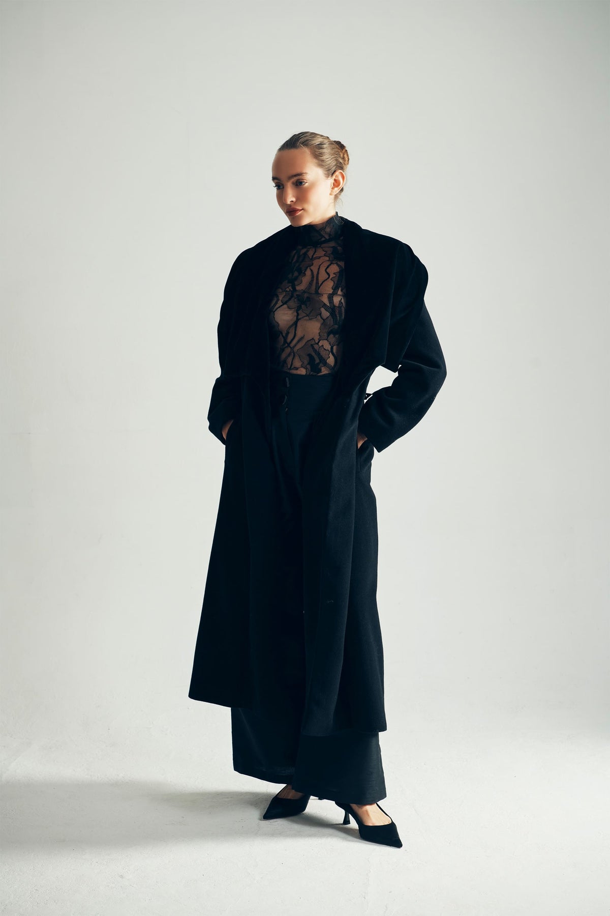 Model Wearing Katie Wool Coat Full View - byVarga