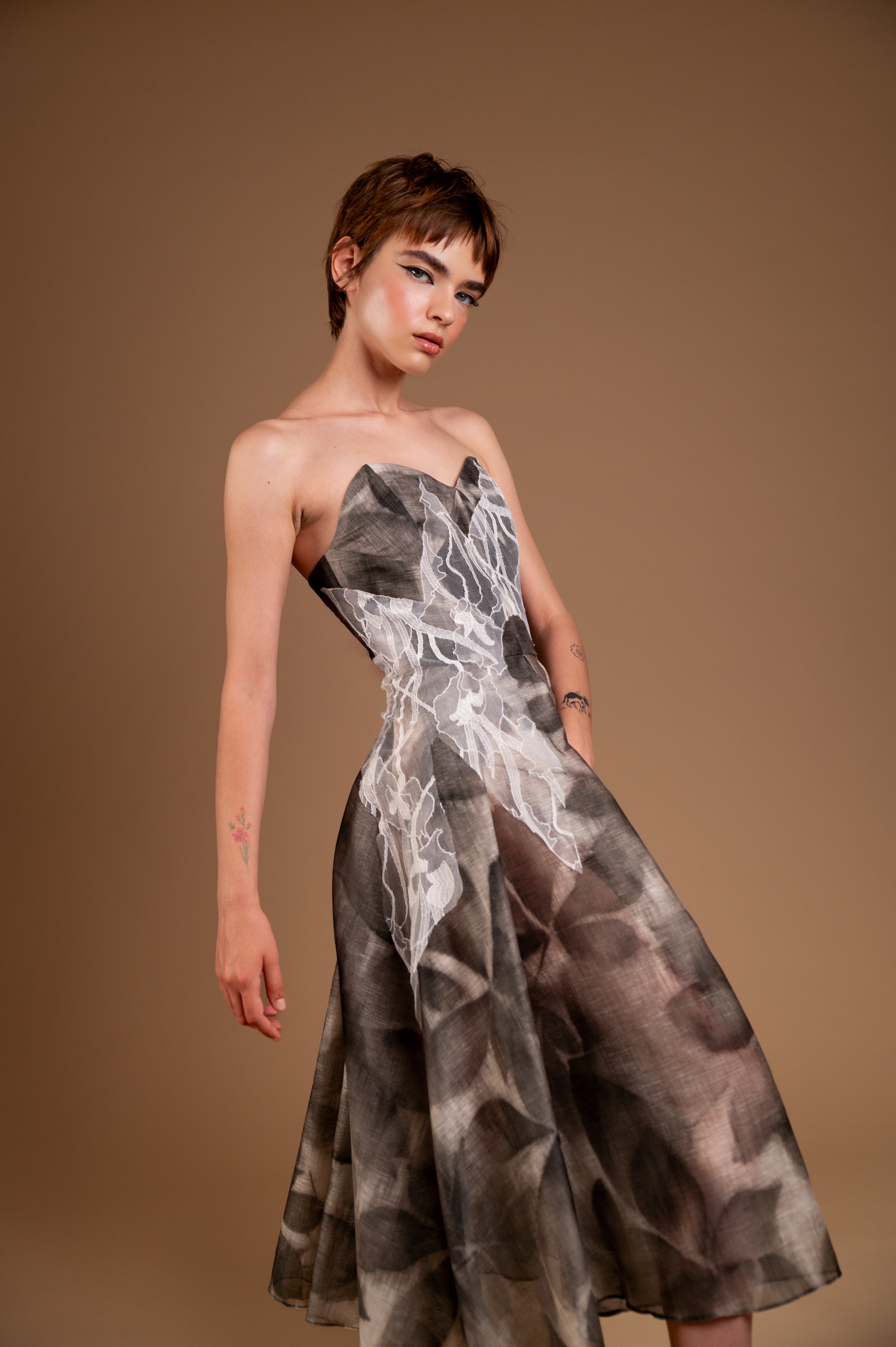 Model wearing Lainey Pleated Dress - full length portrait showing pleating detail"