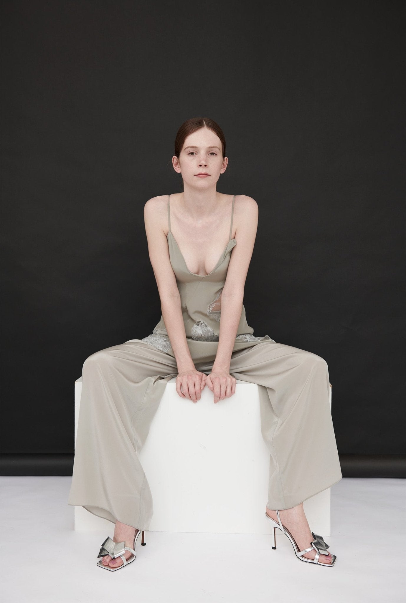 Nola Silk Trousers and Jasmine Silk Dress on model - ByVarga