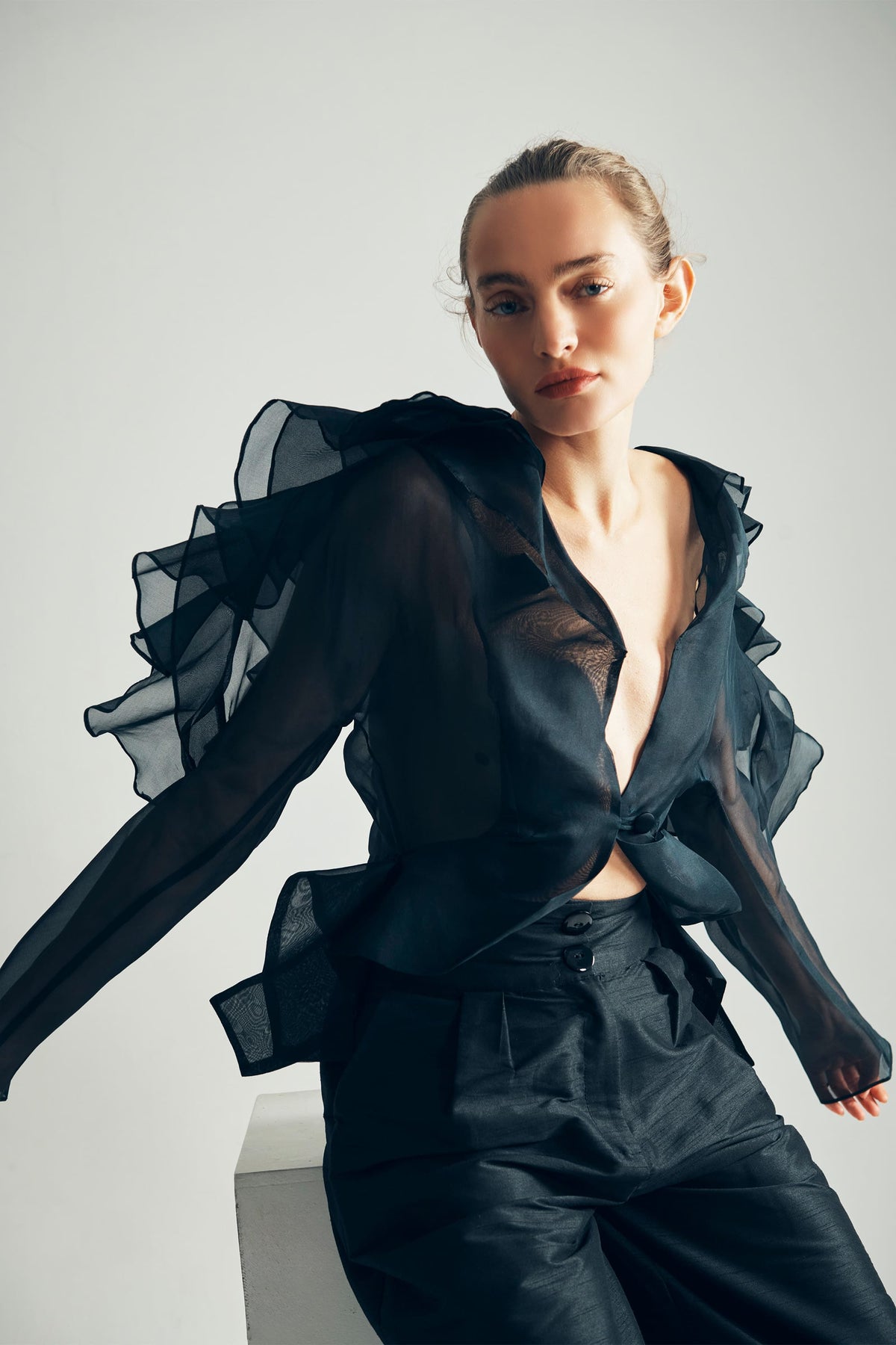 Model Wearing Alexandria Silk Organza Blouse Front View - ByVarga