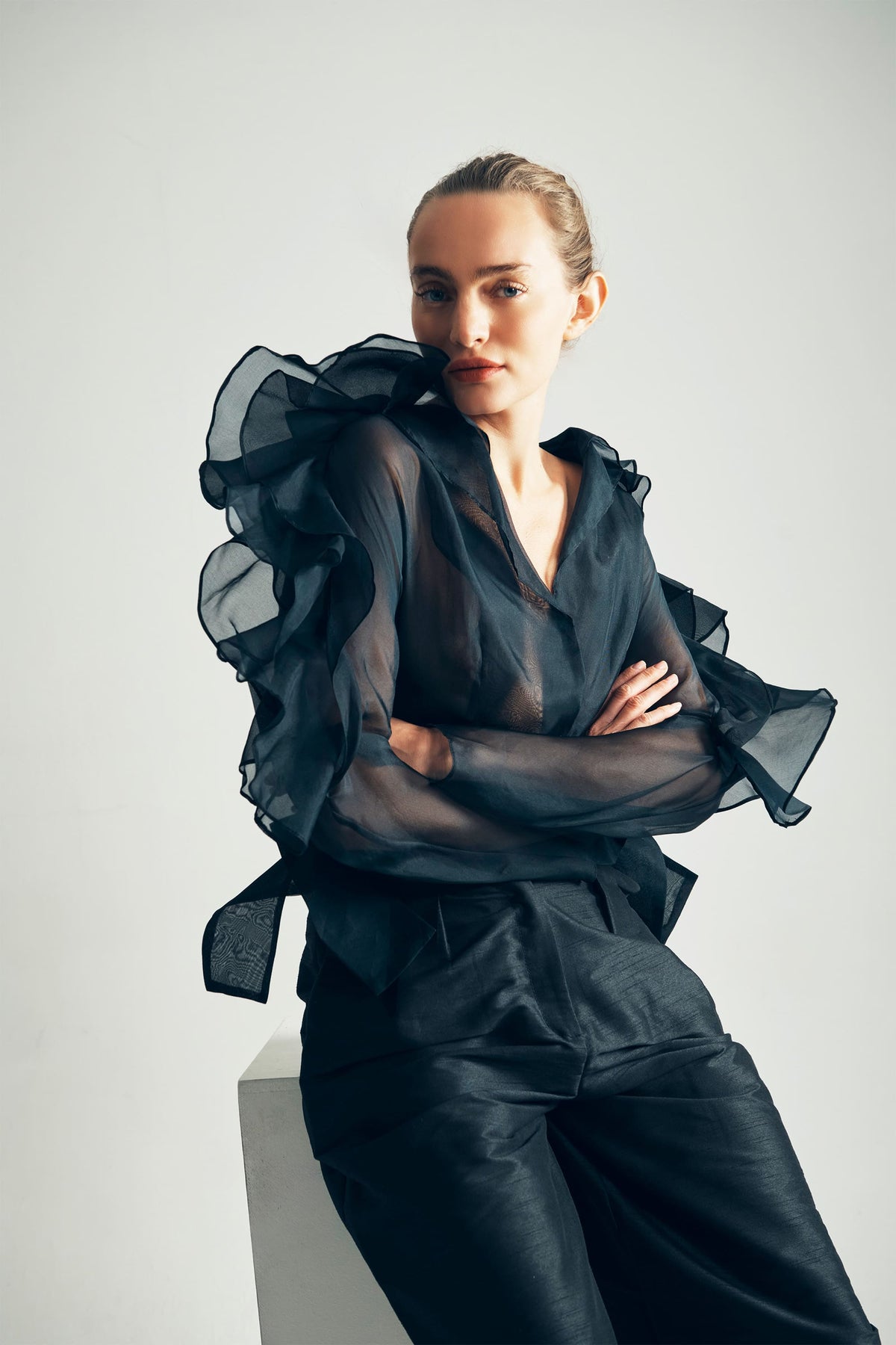 Model wearing Alexandria Silk Organza Blouse Closeup View- ByVarga