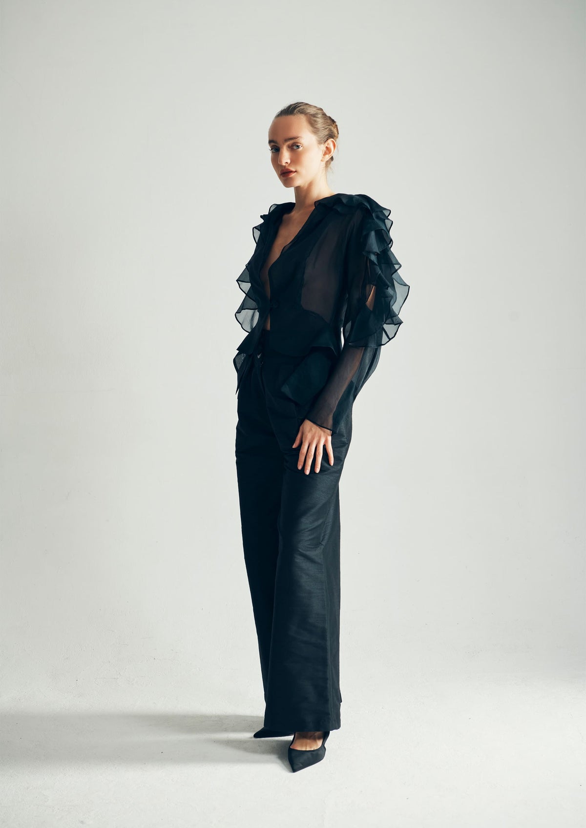 Model Wearing Alexandria Silk Organza Blouse Full View - ByVarga