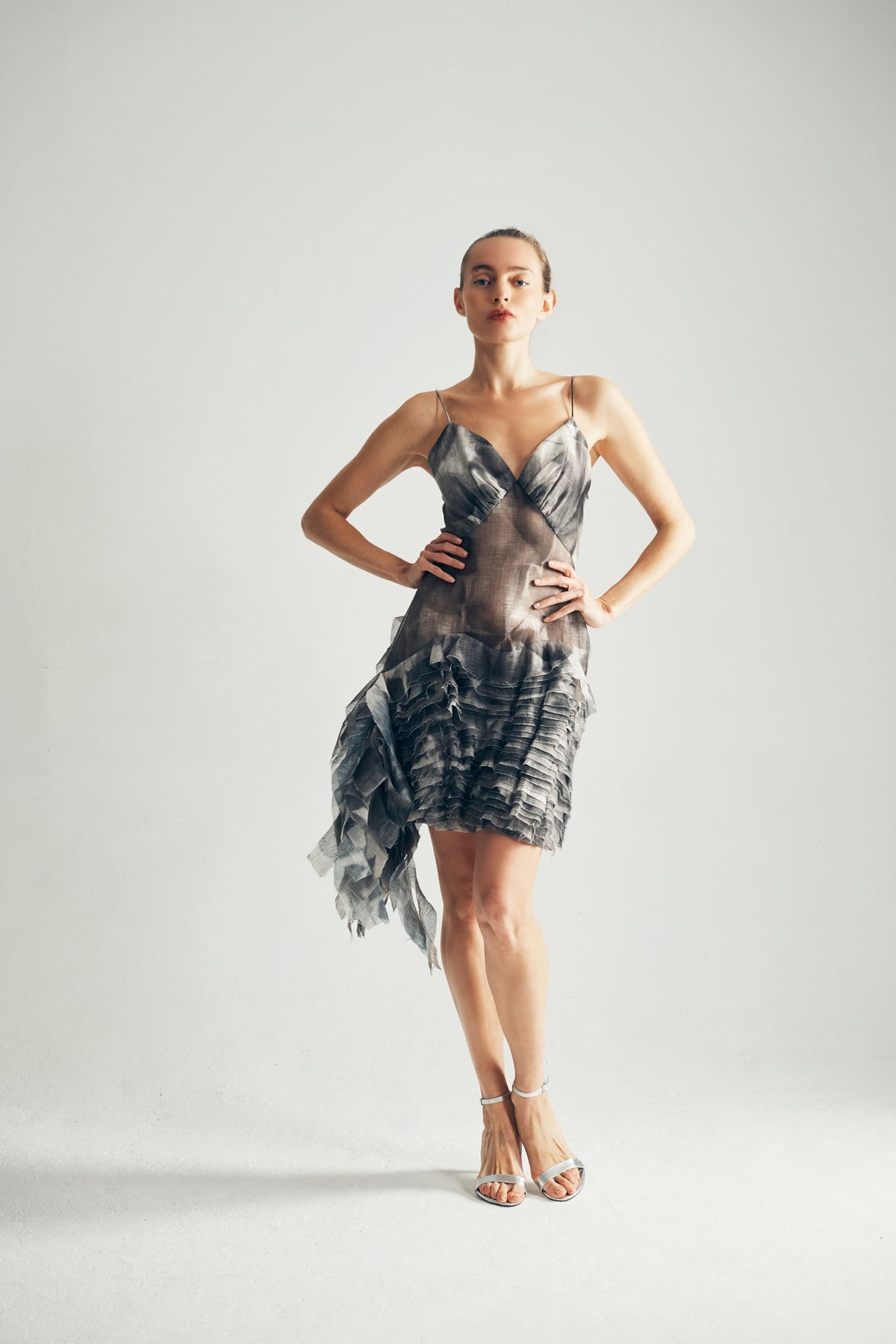 Model Wearing Amira Ruffle Dress Front View  - ByVarga