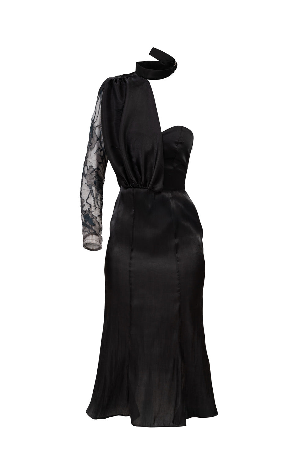 Caroline asymmetric dress front view - satin and lace midi dress by ByVarga