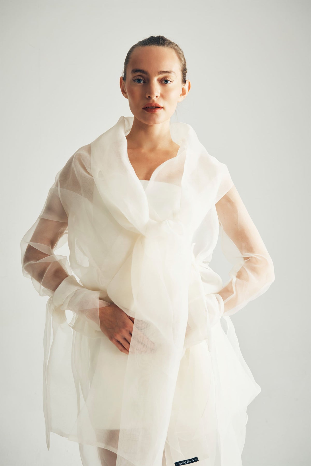 Model Wearing Fatima Organza Wrap Shirt - byVarga 