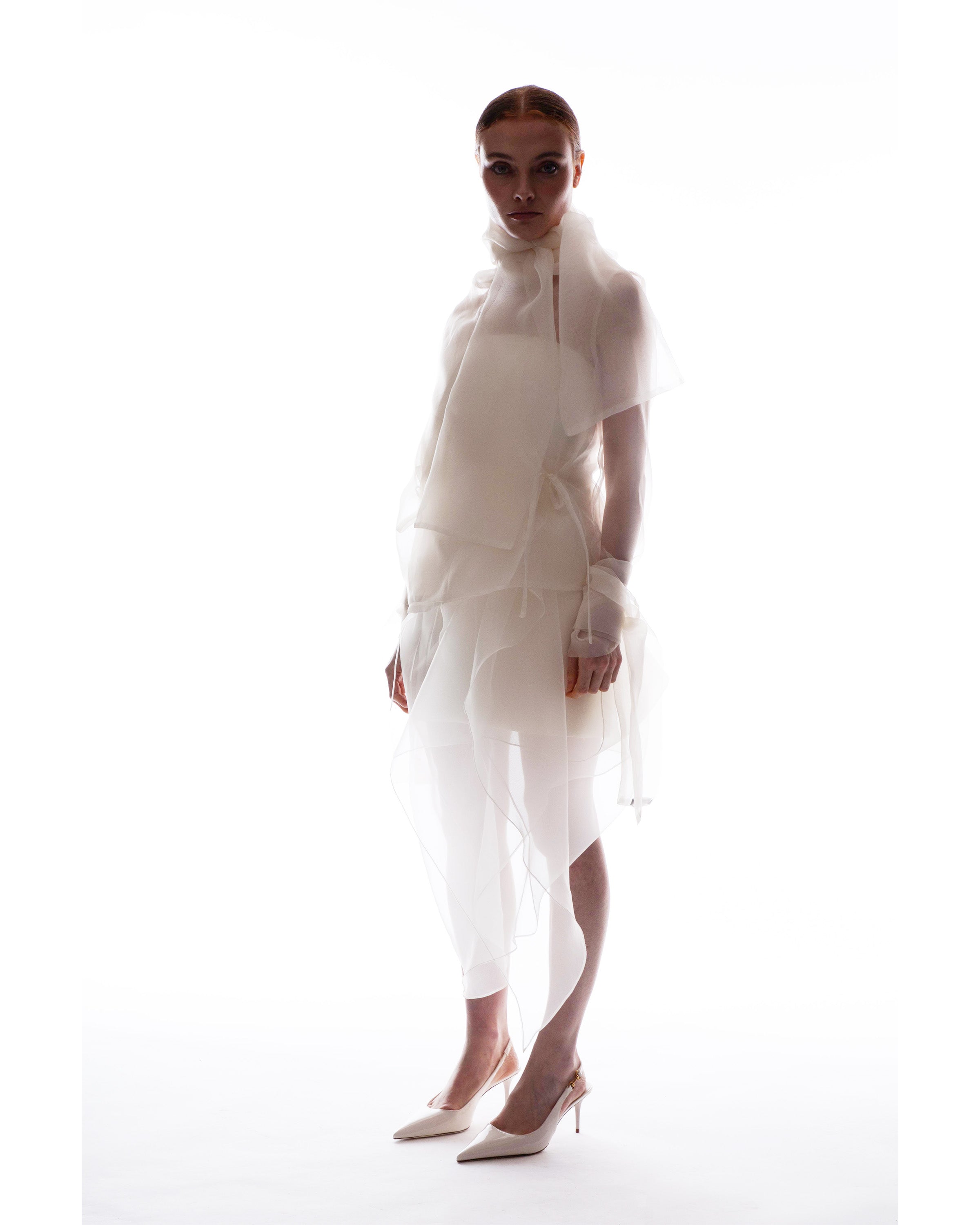 Model wearing Fatima organza shirt layered over Henrietta wrap dress - complete look by ByVarga