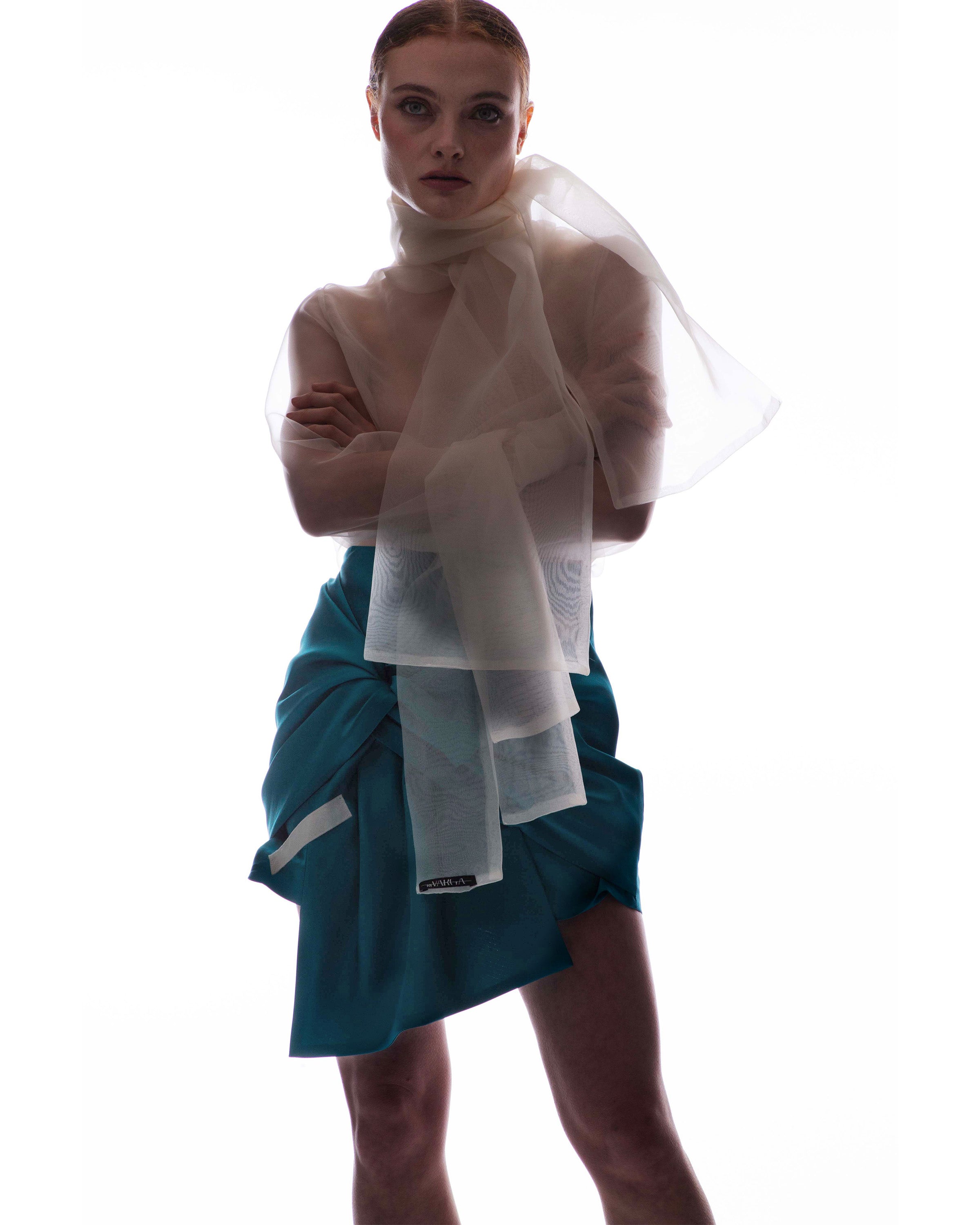 Fatima organza wrap shirt detail - lightweight sheer fabric texture by ByVarga styled with Lana Bow Skirt 
