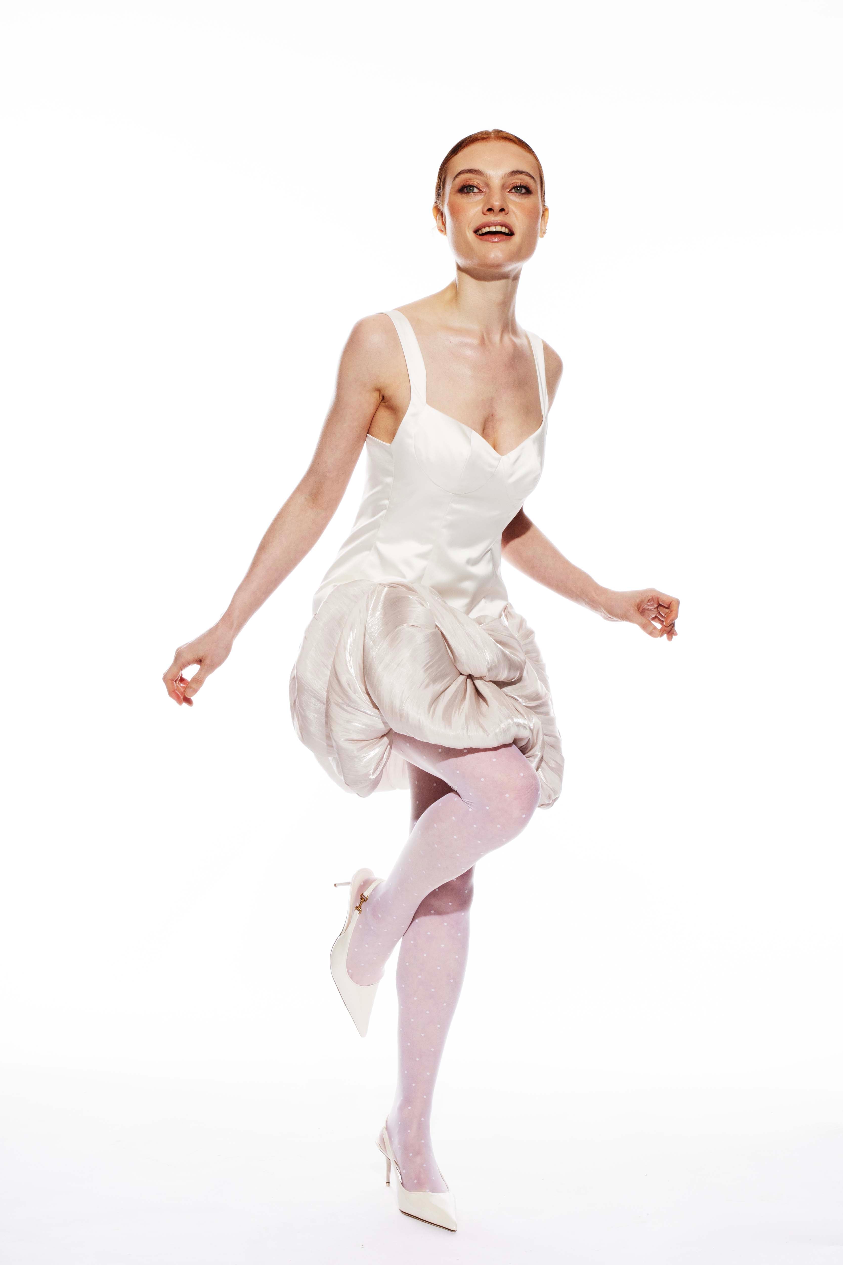 Model wearing Georgina bubble dress - sculptural satin mini dress by ByVarga
