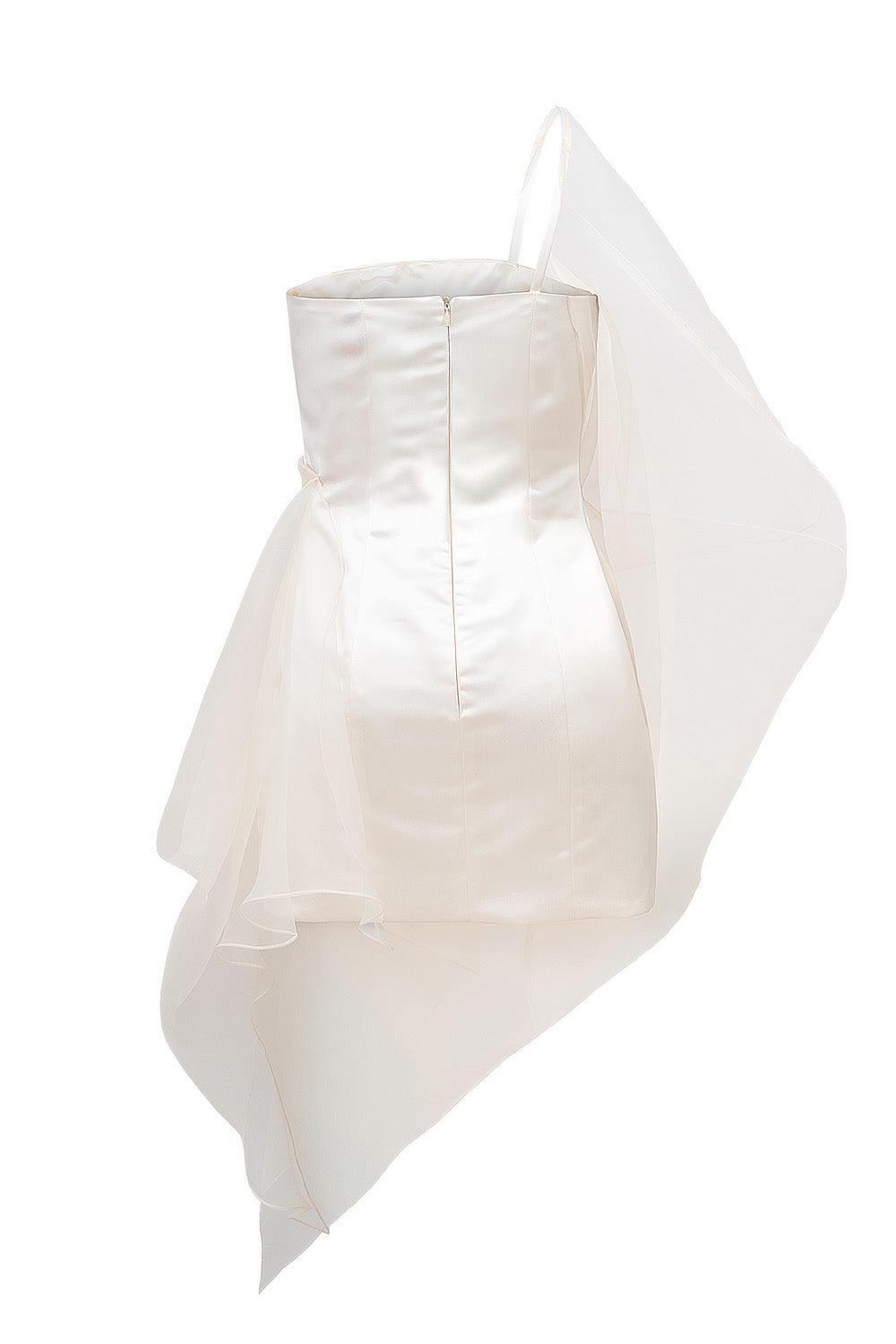 Henrietta white organza wrap strapless dress with a unique design on a white background
