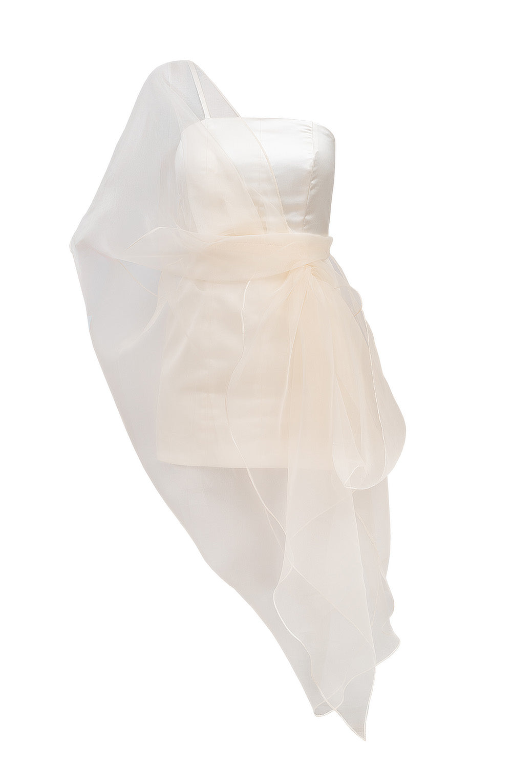Henrietta white organza wrap strapless dress with a draped design on a white background