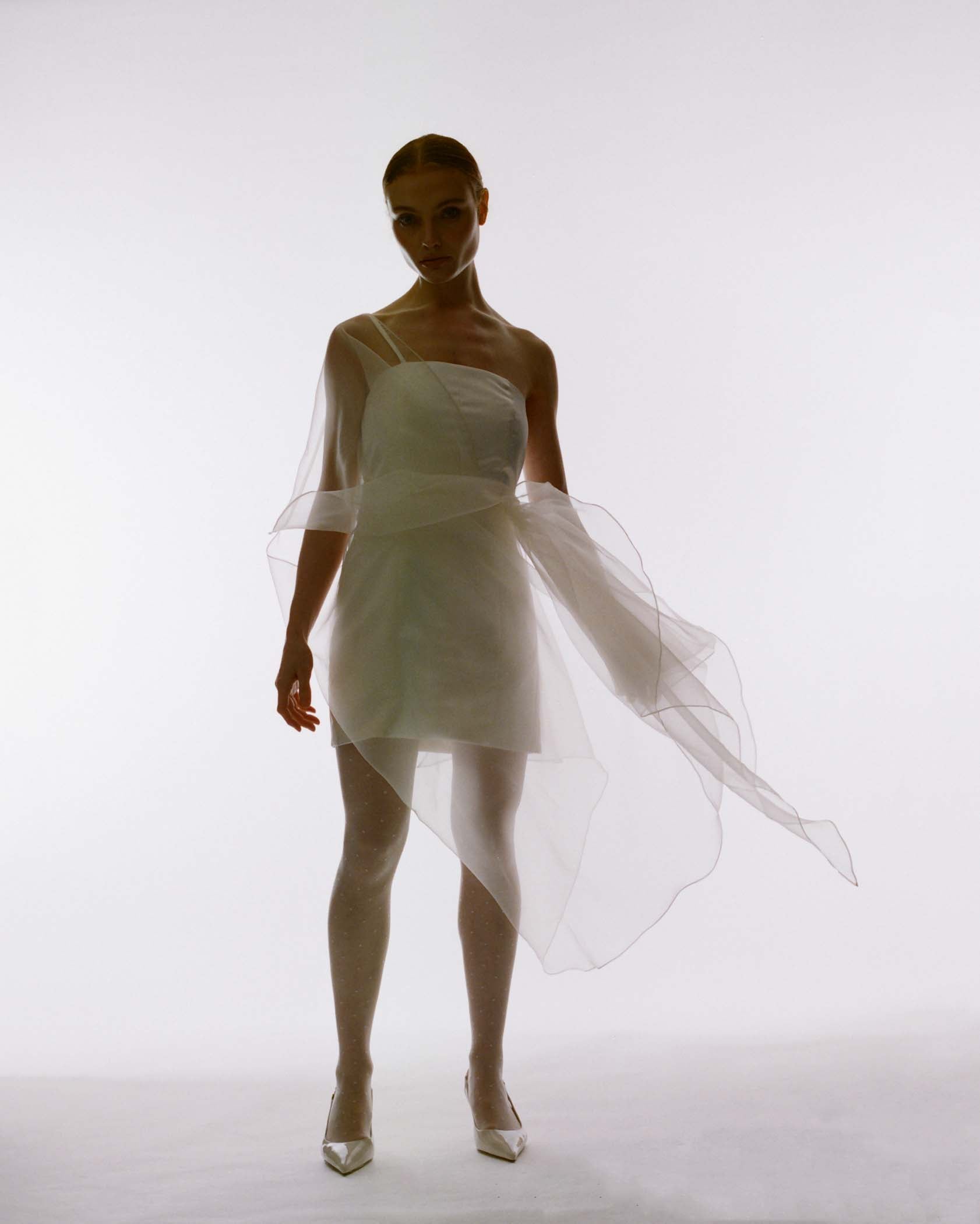 Henrietta white organza one-shoulder wrap dress by ByVarga"