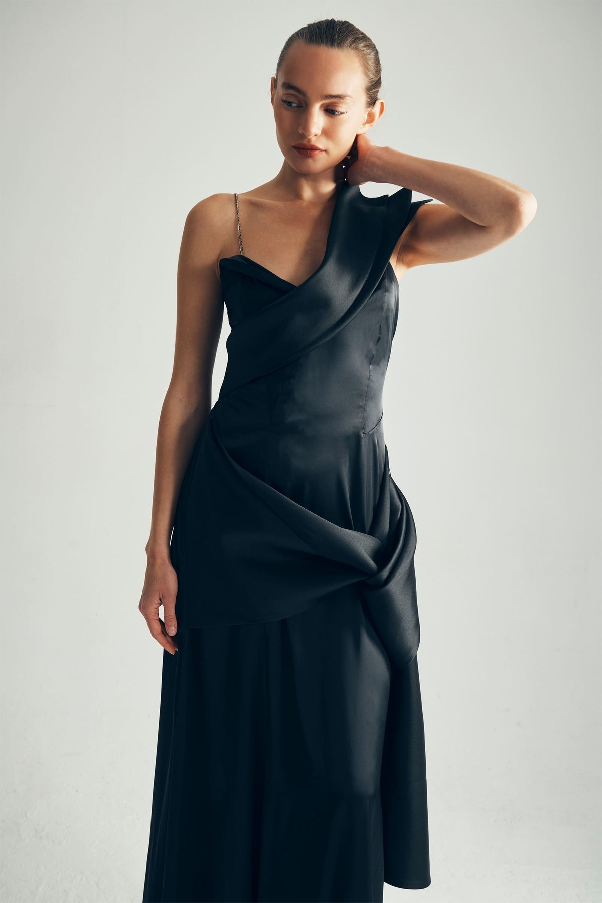 Model Wearing Janet Long Wrap Dress Closeup View - ByVarga