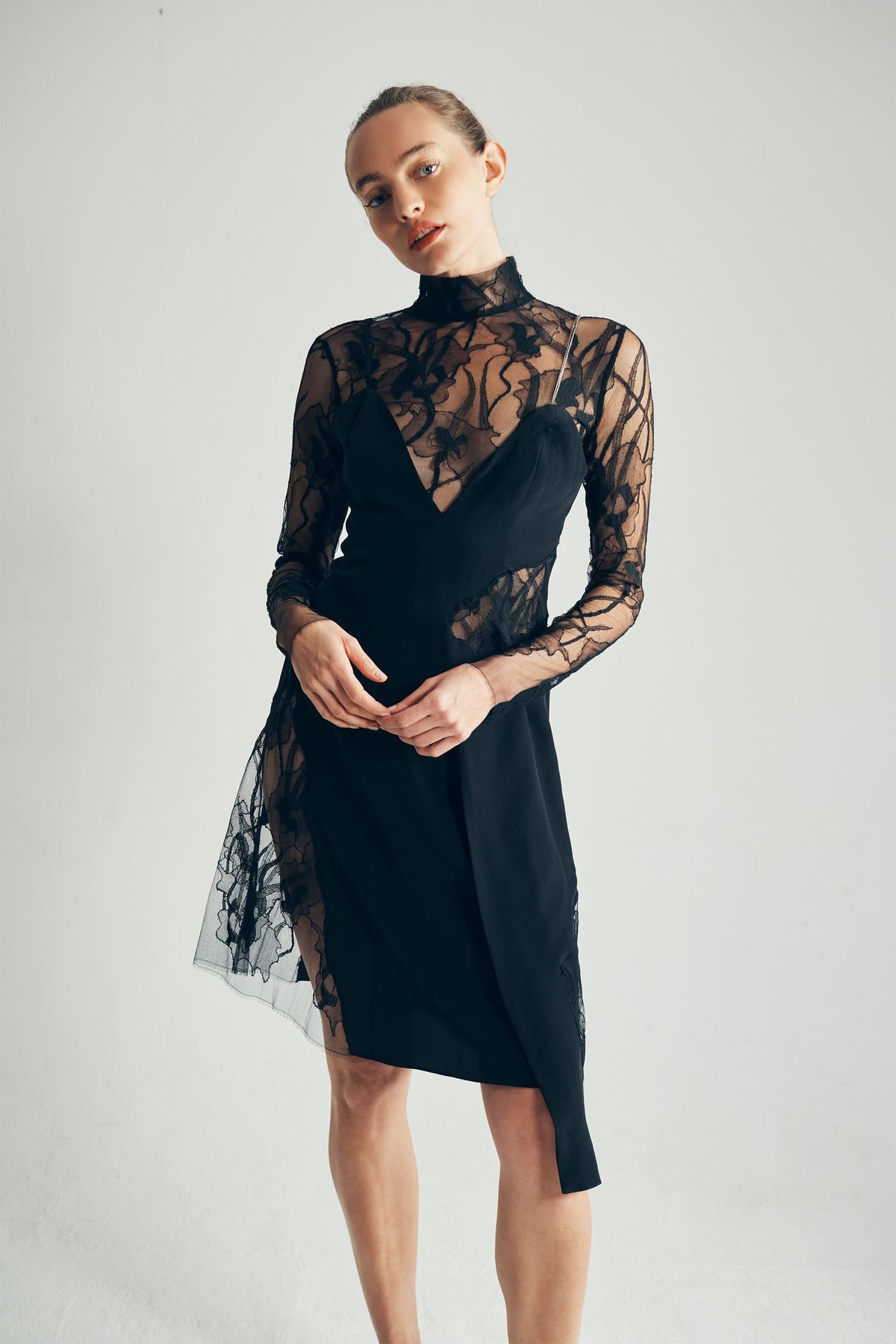 Jasmine Dress - Asymmetric French Lace Dress Paired With Petra Lace Top - ByVarga
