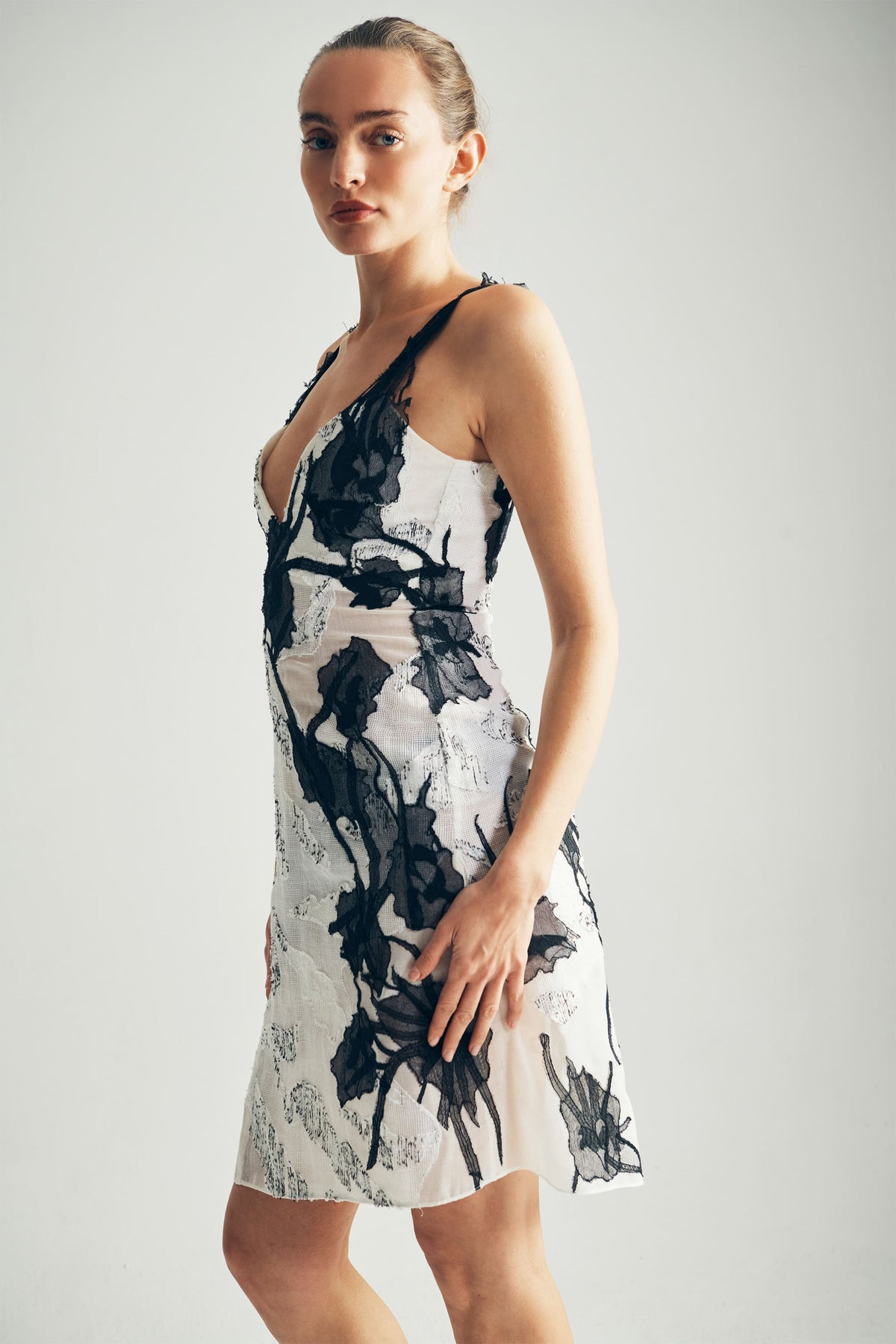 Model Wearing Jasmine Couture Dress Side View  - ByVarga