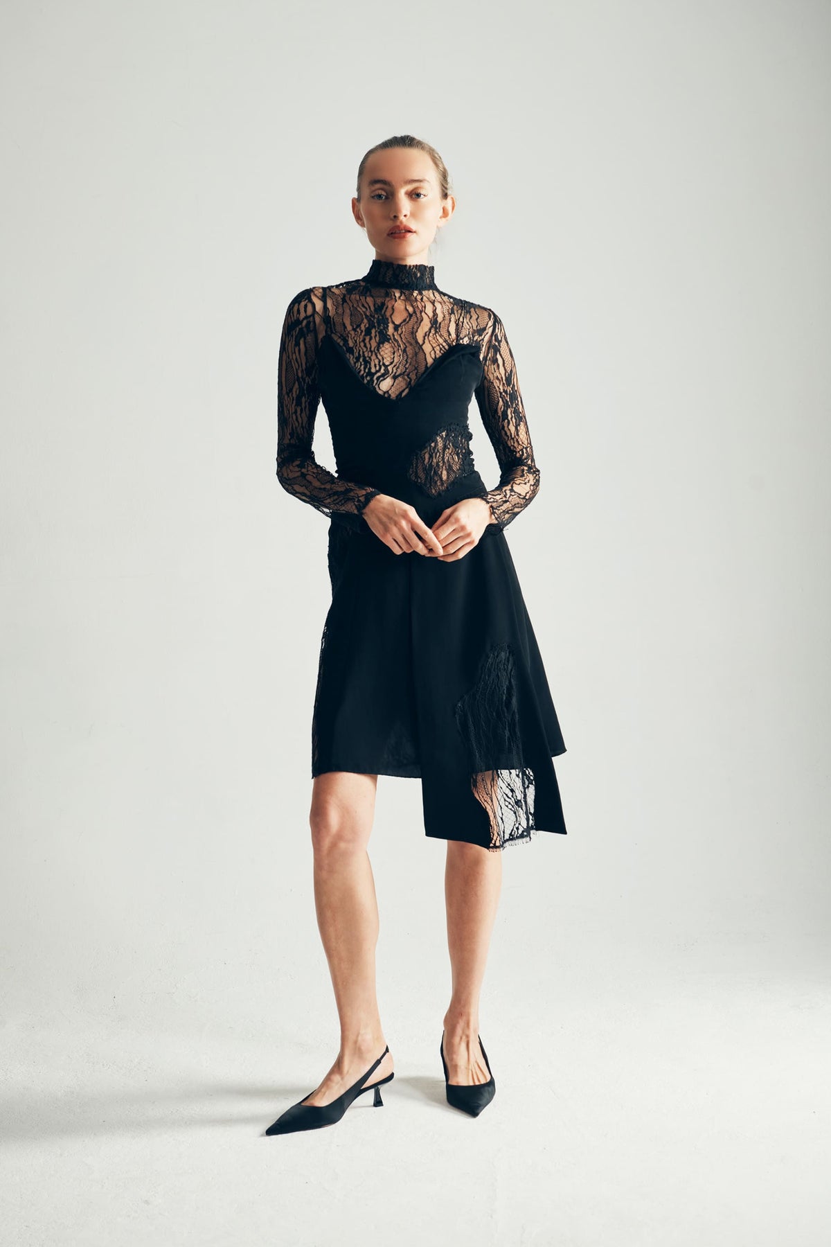 Model Wearing Jasmine Dress - Exclusive Black French Lace Front View - ByVarga