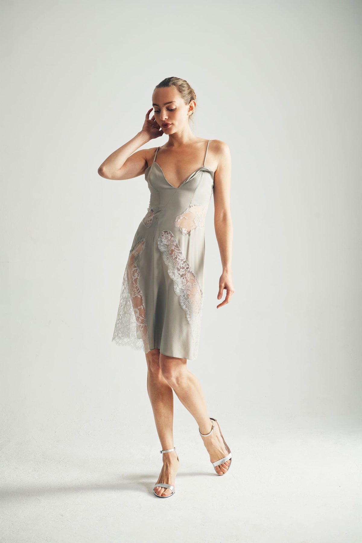 Model Wearing Jasmine Silk dress With Metallic Lace Front View - byVarga