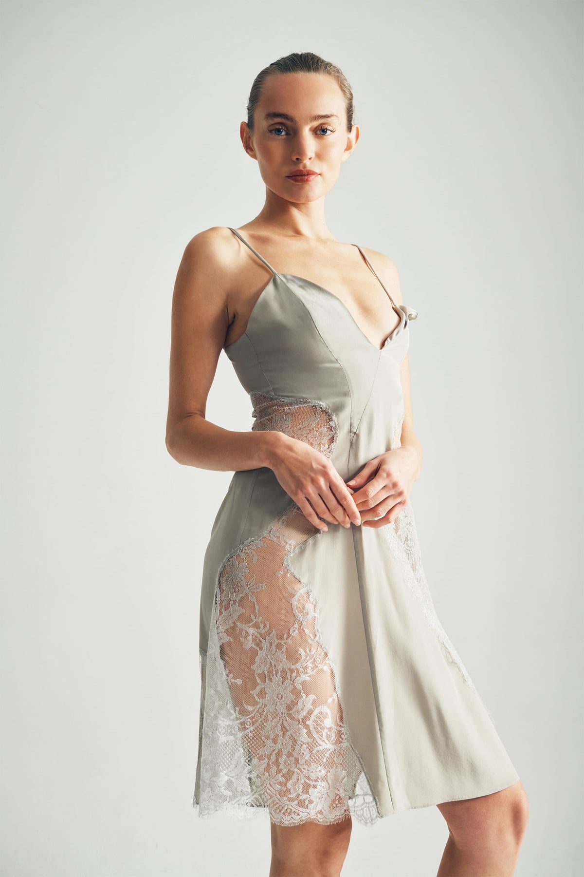 Model Wearing Jasmine Silk Dress with Metallic French Lace - ByVarga