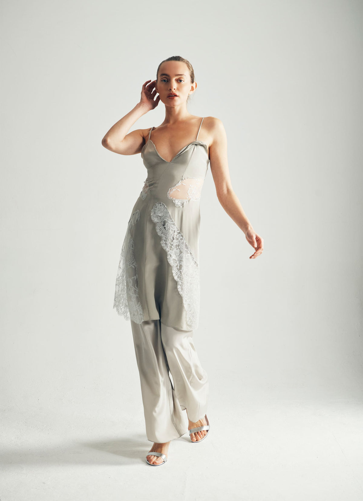 Model wearing Jasmine Silk Dress with Metallic French Lace  styled with Nola Silk Trousers- ByVarga
