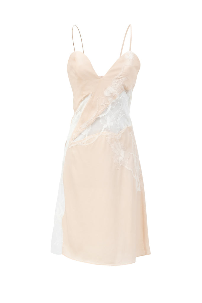 Front view of Jasmine Slip Dress showing elegant V-neck design and flowing silk fabric and lace cut outs by ByVarga
