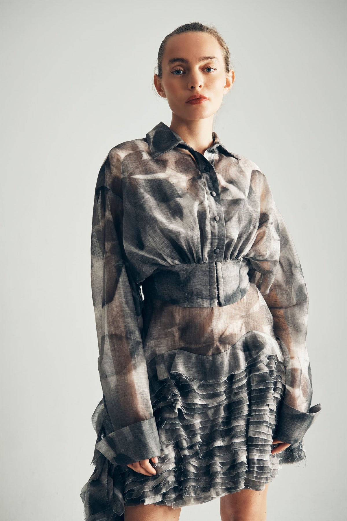 Model Wearing Juniper Cropped Shirt Front View  - ByVarga