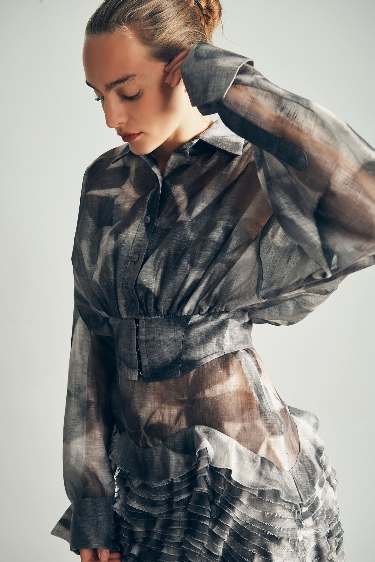 model Wearing Juniper Cropped Shirt Side View - ByVarga