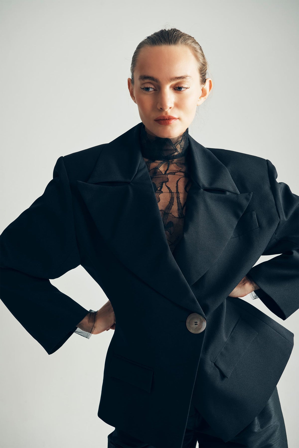 Model Wearing Kacey Blazer Closeup View - ByVarga