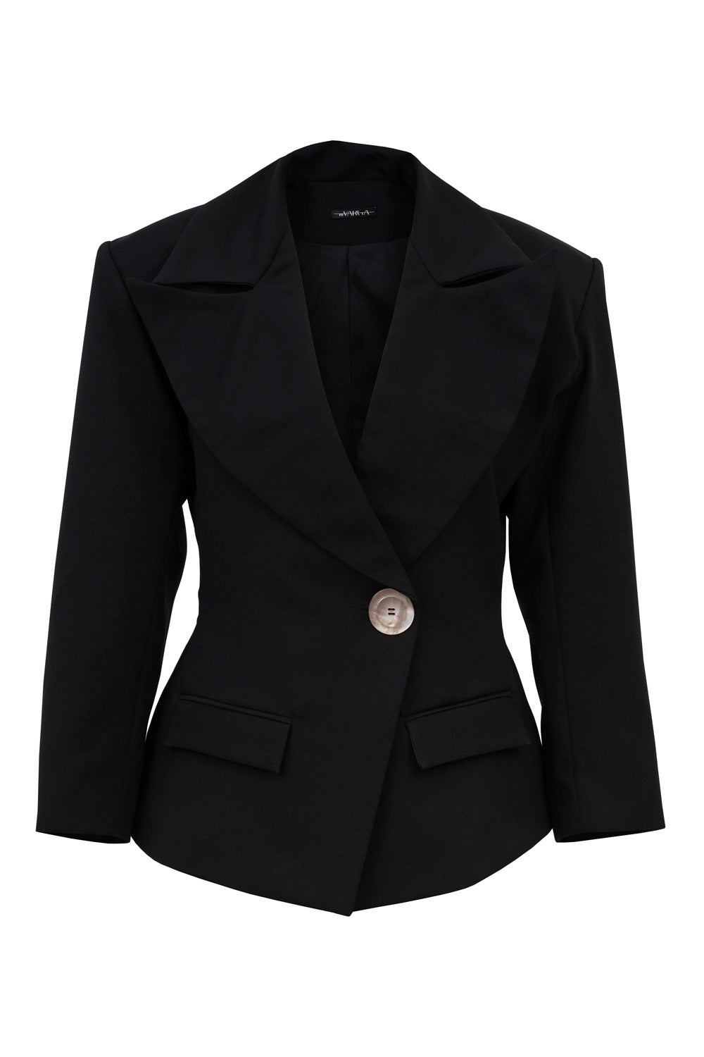 Black blazer with single button on a white background. Kacey oversized lapel blazer by ByVarga - front view
