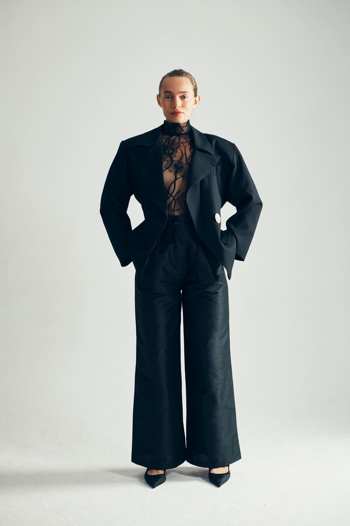 Model Wearing Kacey Blazer Front View - ByVarga