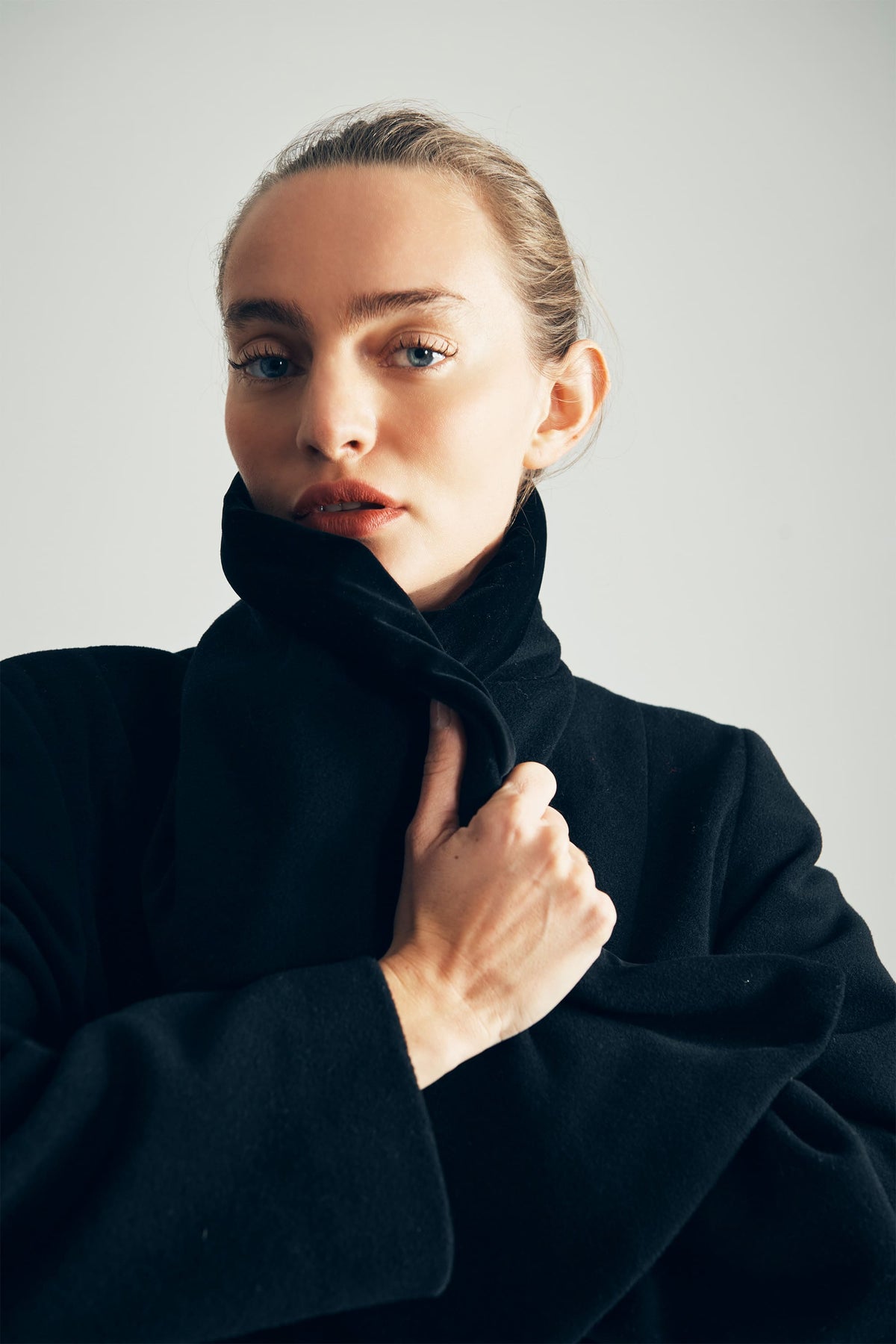 Model Wearing Katie Wool Coat Closeup Collar Detail - byVarga