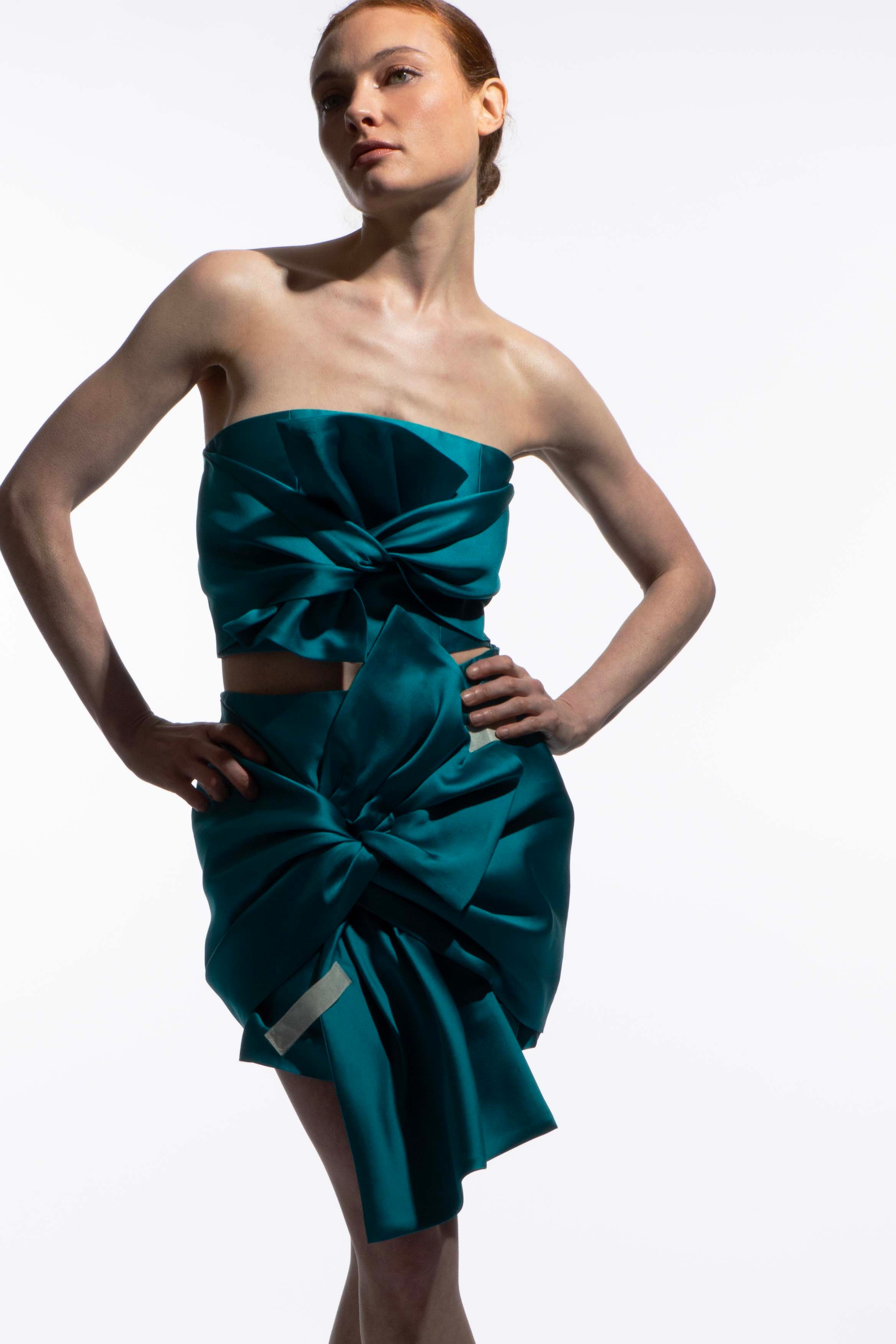Model wearing Lana bow skirt with Whitney Bow Top - luxury evening wear by ByVarga