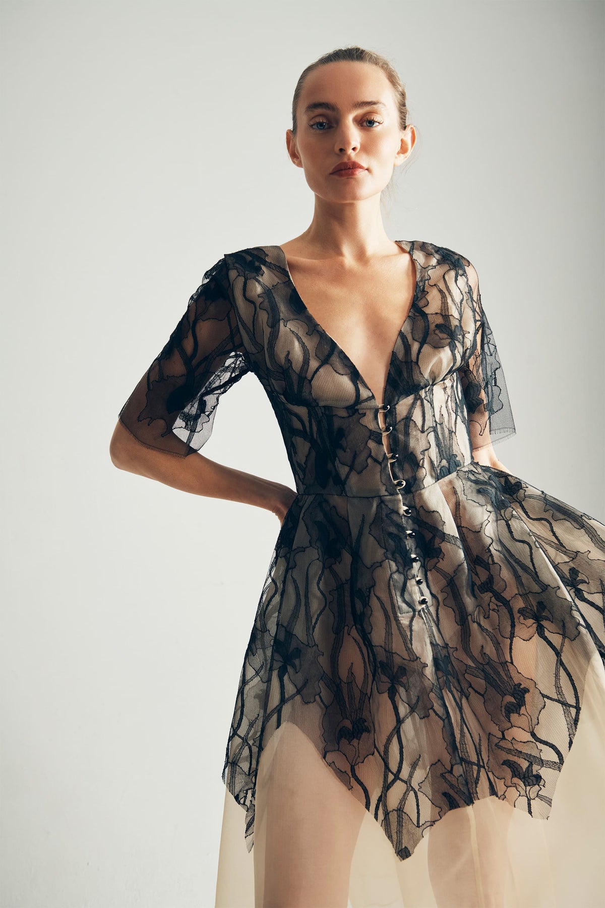 Model Wearing Lea Short Sleeve Silk Organza Dress Closeup View