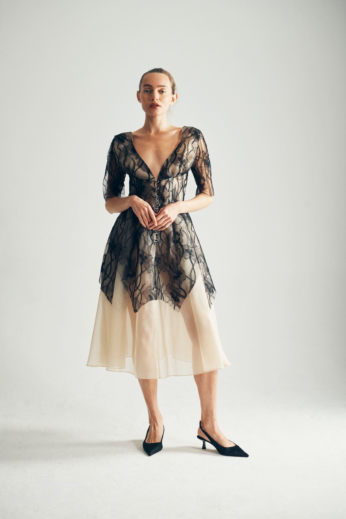 Model Wearing Lea Short Sleeve Silk Organza Dress - ByVarga