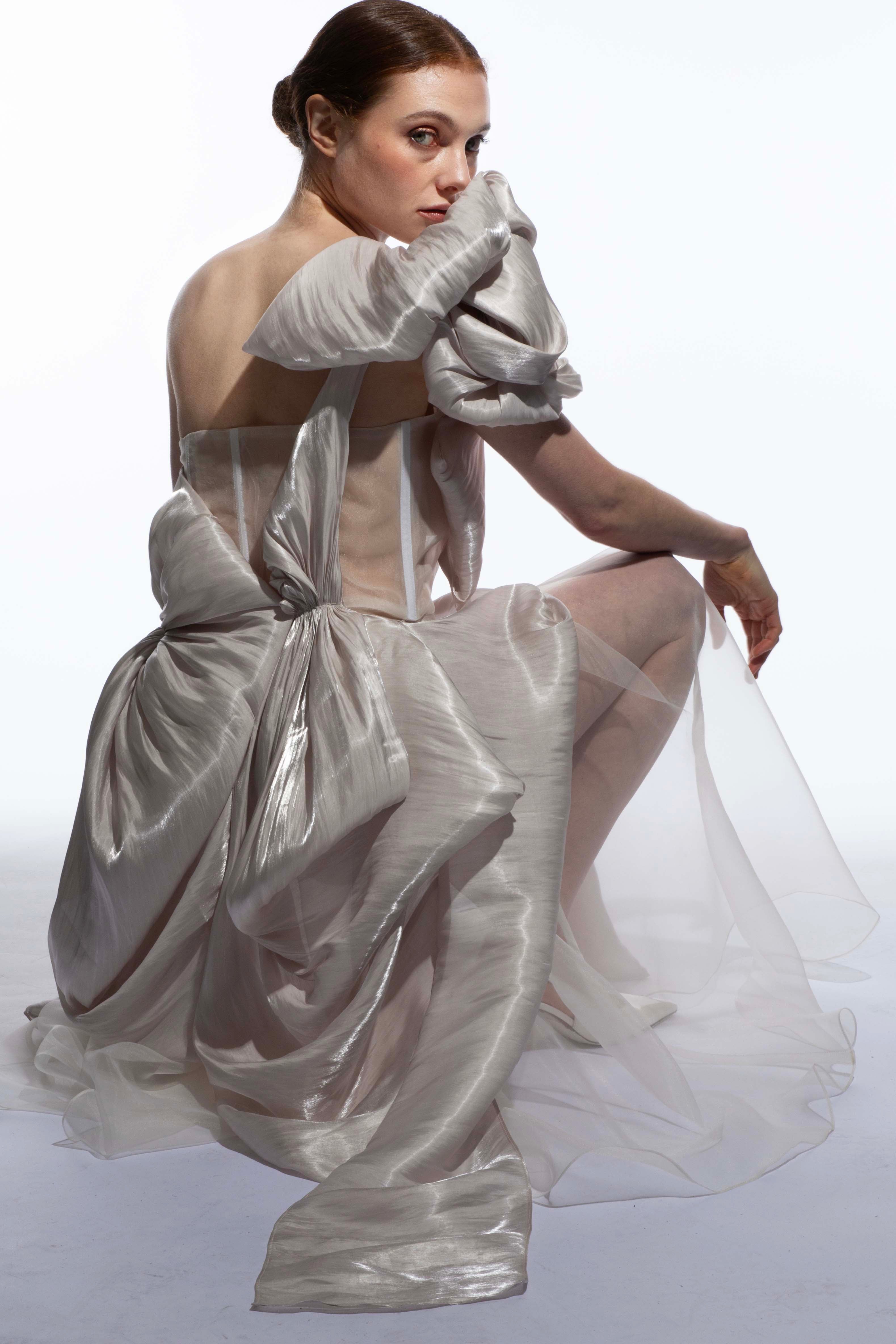 Delicate organza fabric draped on the Leana  Organza dress shoulder detail by ByVarga 
