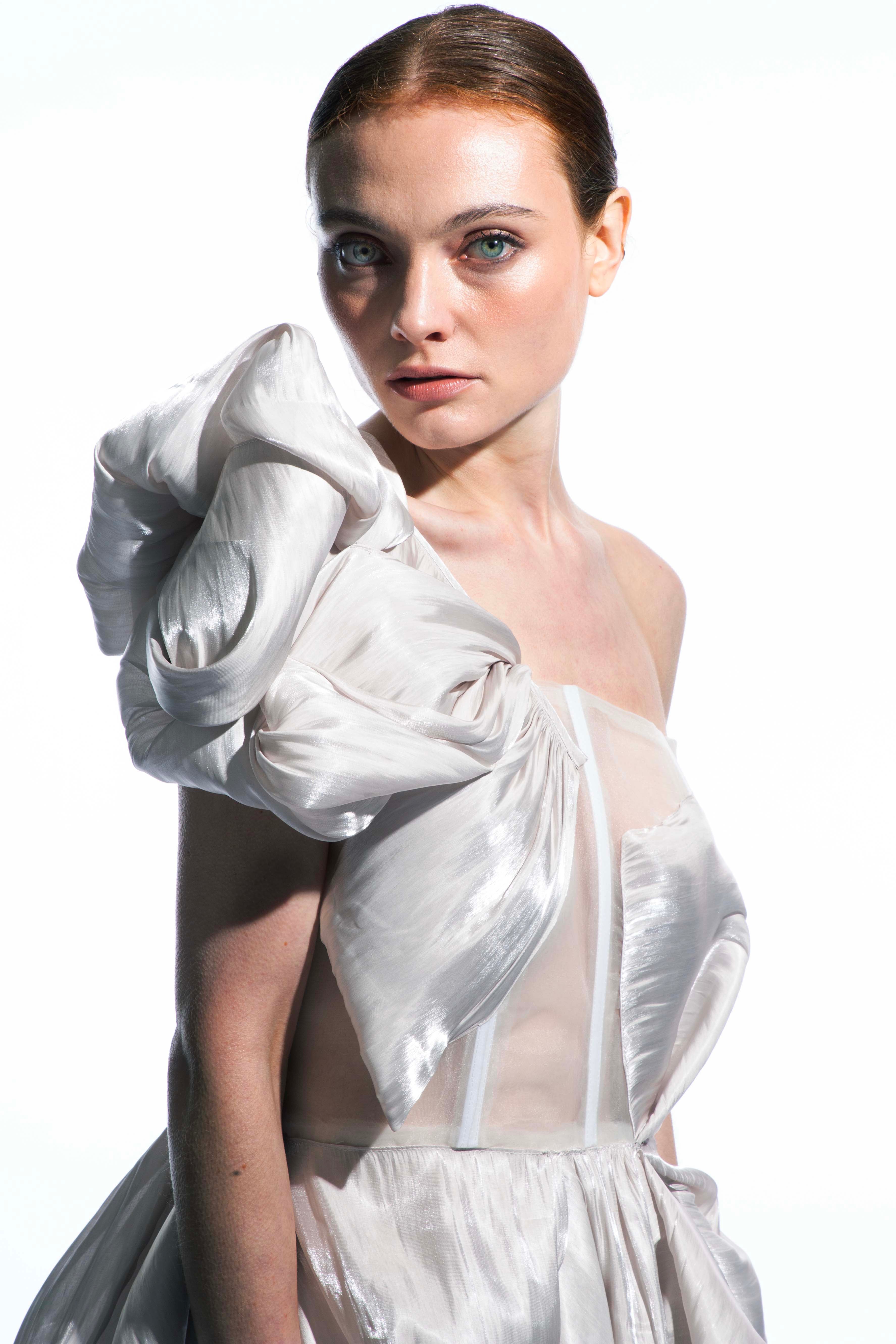 Close-up shoulder detail of organza fabric texture on Leana dress by ByVarga 