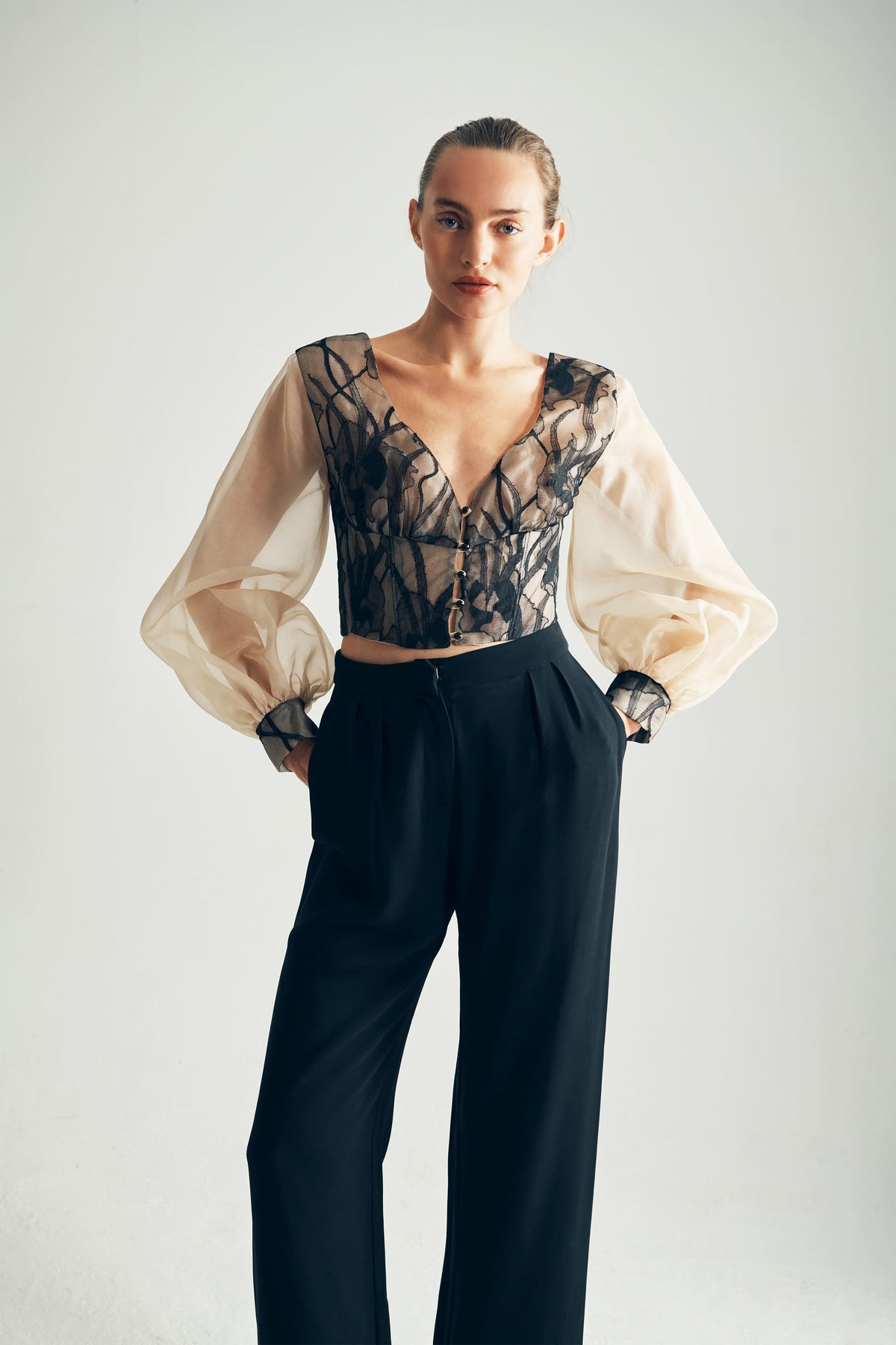 Model Wearing Leana Silk Organza Blouse Front View  - ByVarga