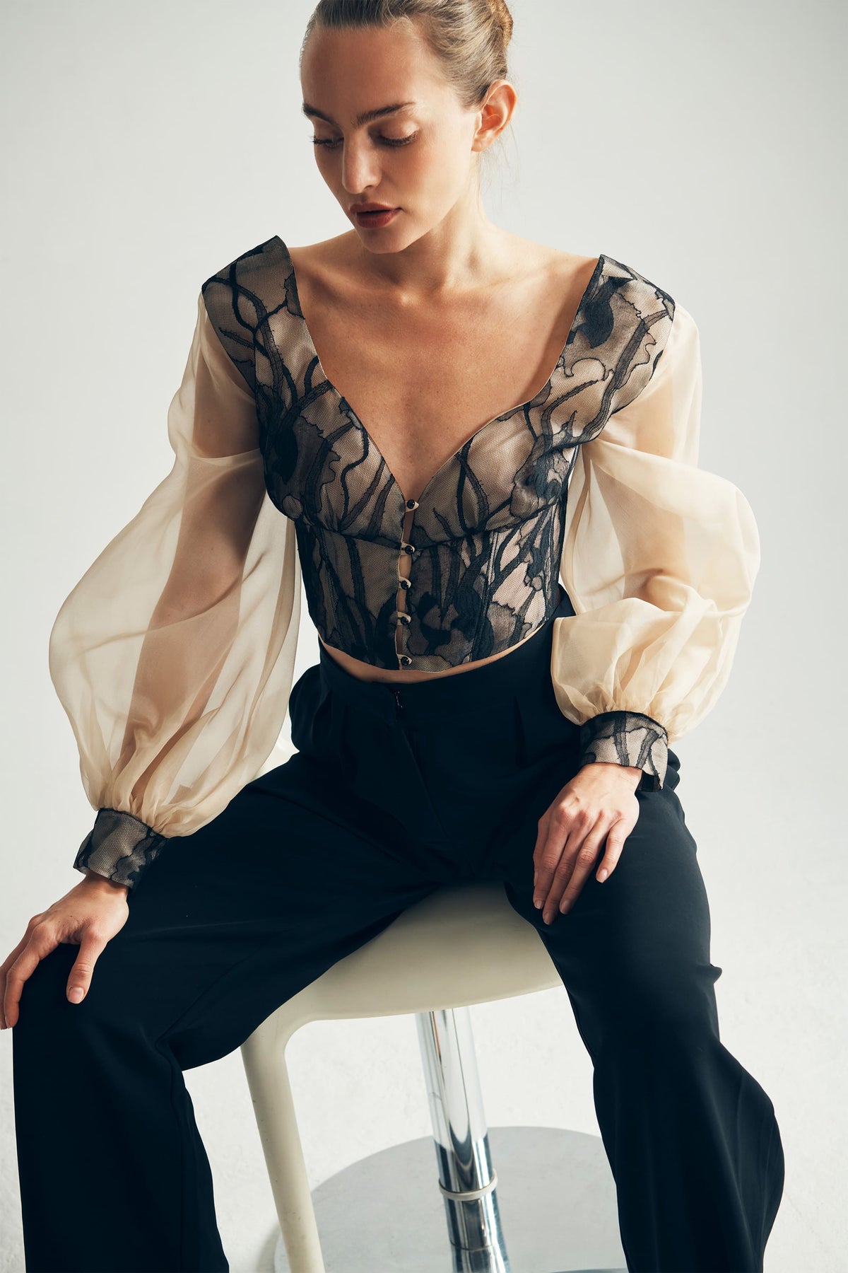 Model Wearing Leana Silk Organza Blouse Front Closeup View- ByVarga