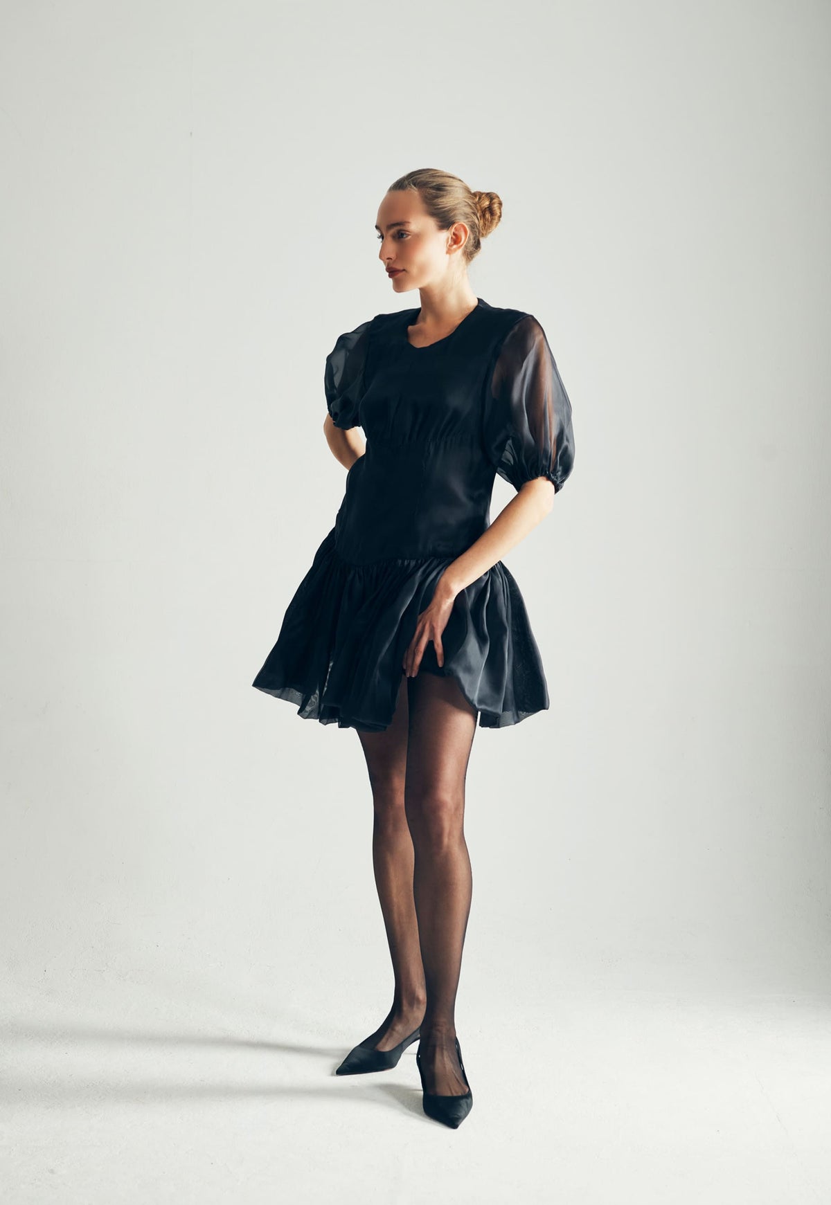 Model Wearing Macey Silk Organza Puff Dress Full View - ByVarga