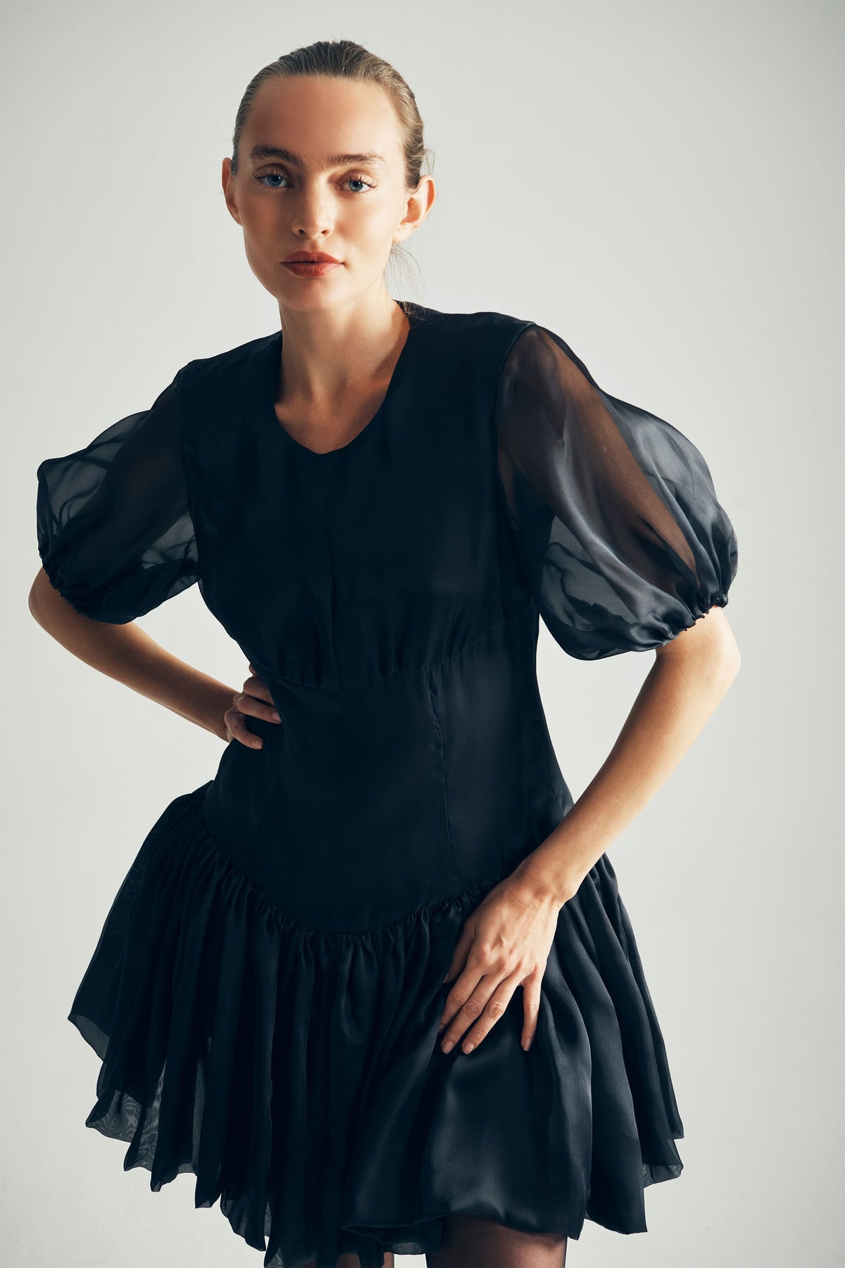 Model Wearing Macey Silk Organza Puff Dress Front View - ByVarga