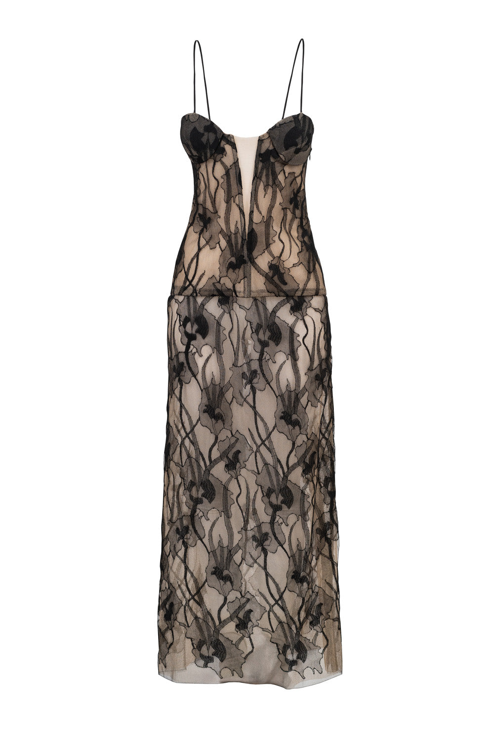 Lace dress with black floral pattern on a white background