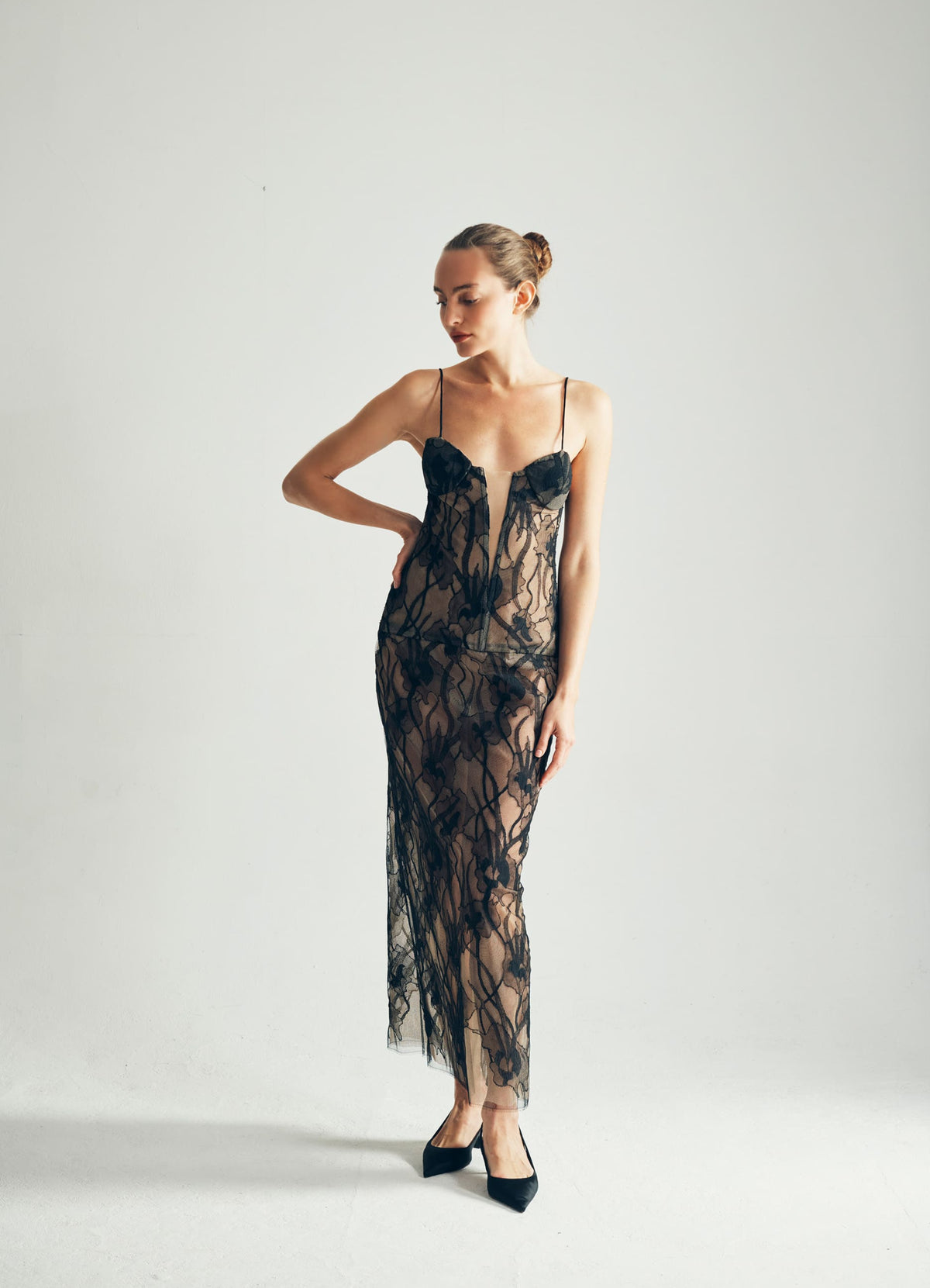 Model Wearing Melanie Maxi Lace Dress Full View - byVarga