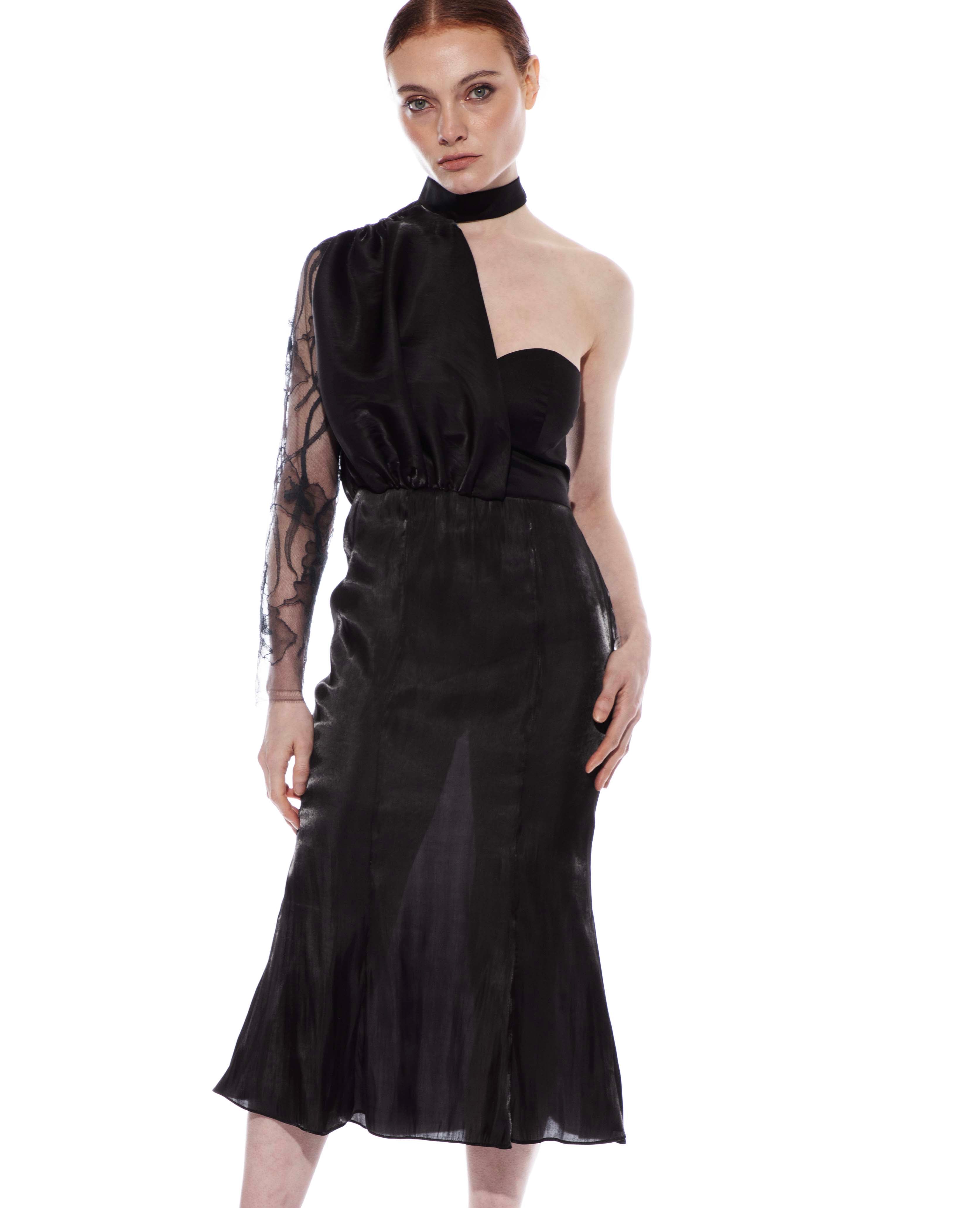 Model wearing Caroline asymmetric midi dress full look- luxury fashion by ByVarga