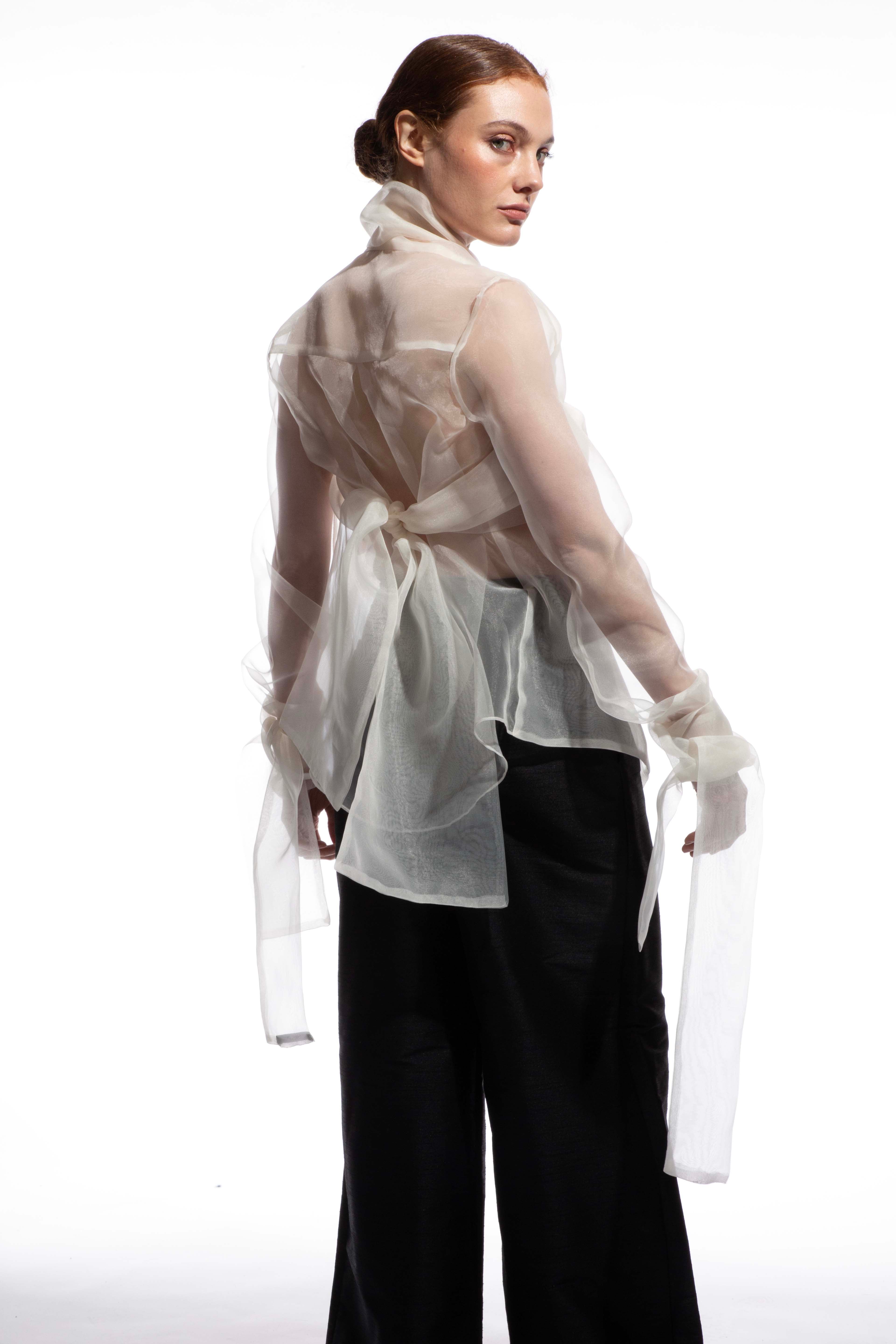 Model wearing Fatima white organza wrap shirt - back view styling by ByVarga
