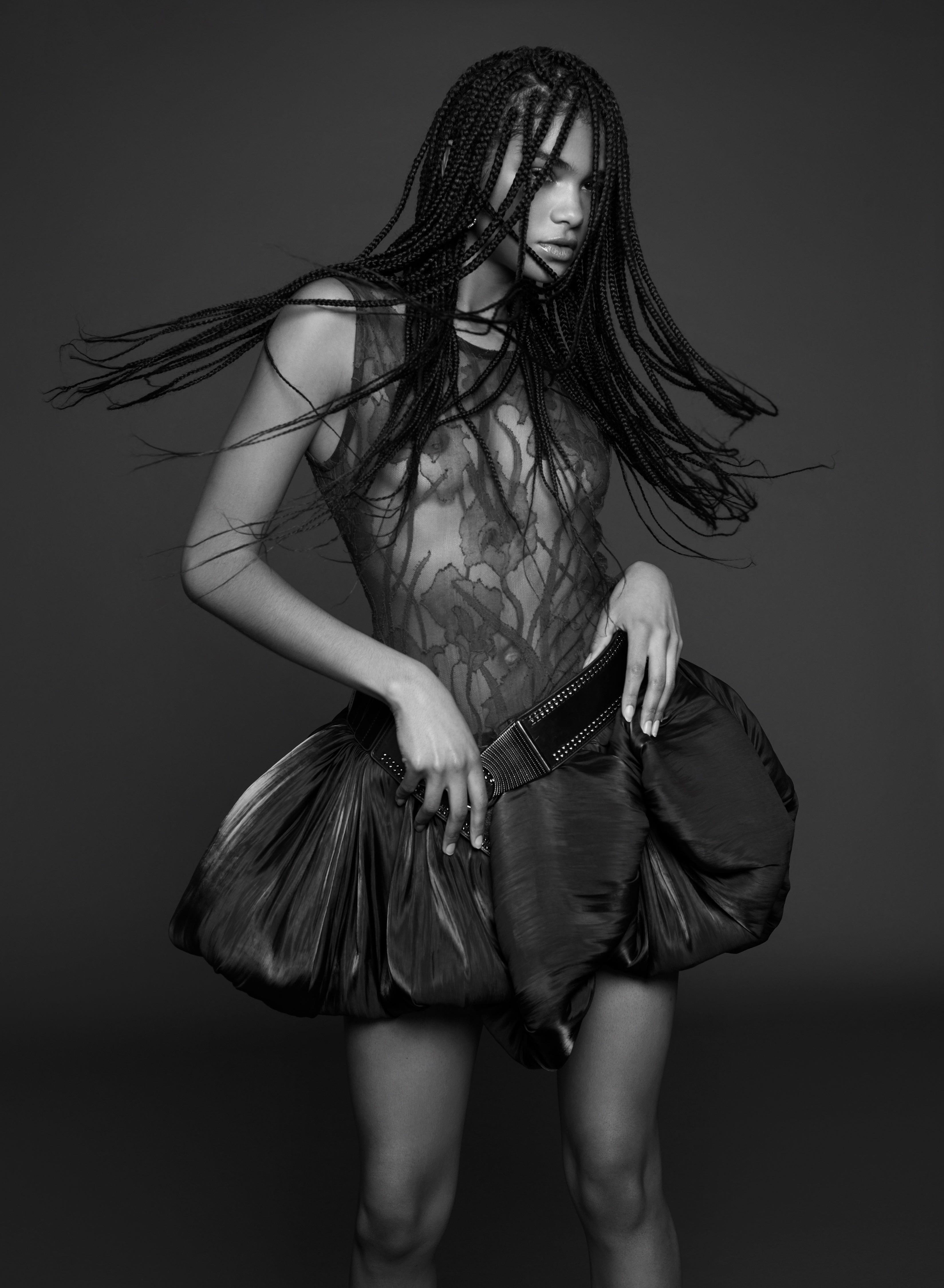 Model wearing Nori lace bubble dress - sheer evening wear by ByVarga
