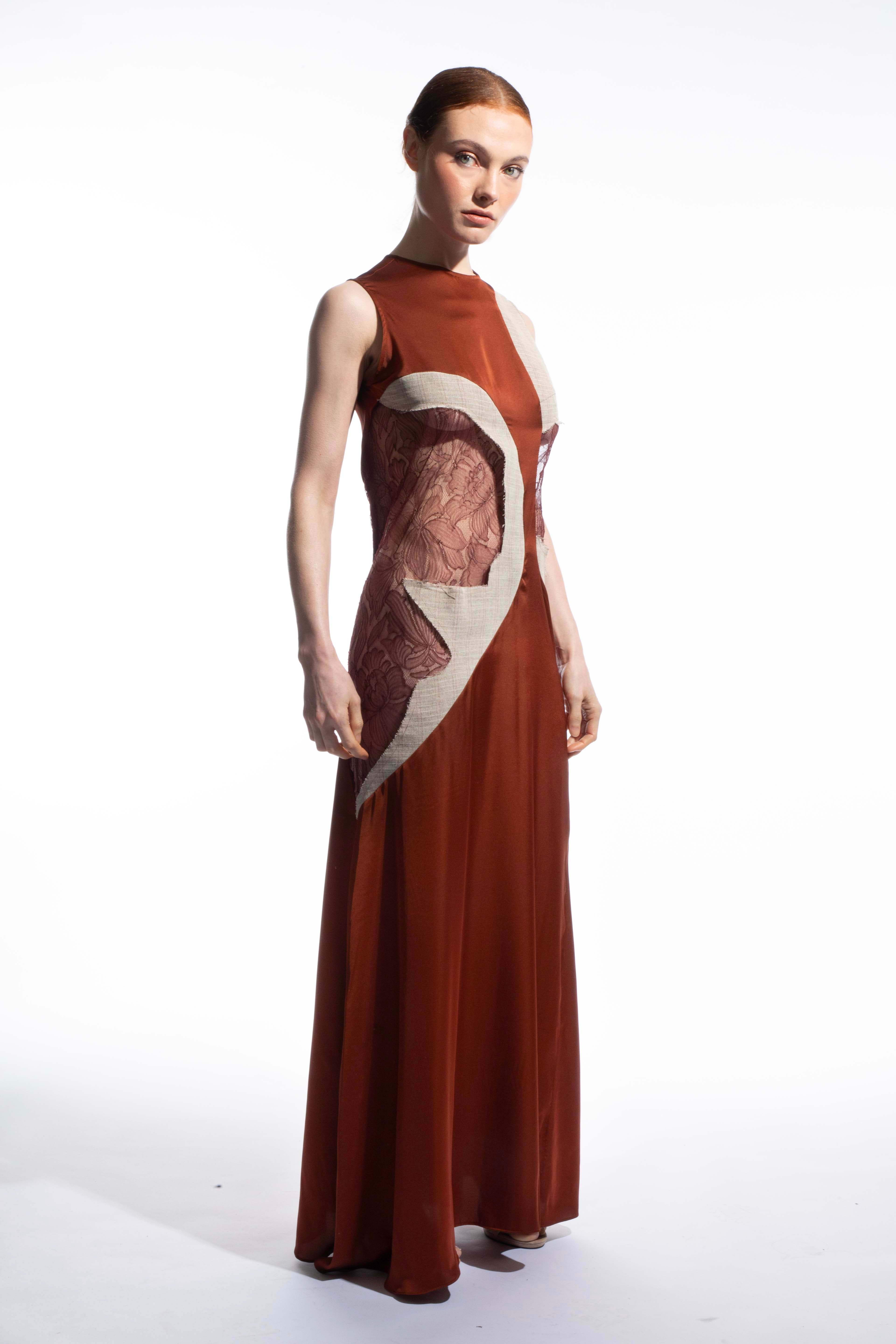Model wearing Priss maxi dress - sculptural evening wear with canvas panels and French lace  by ByVarga