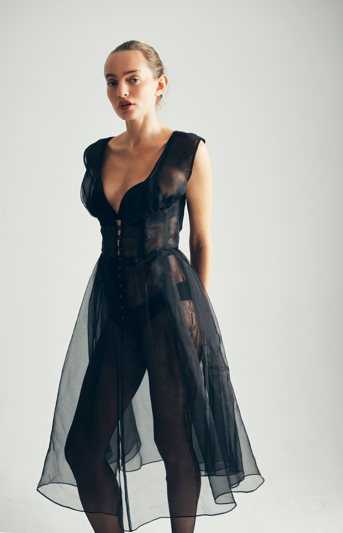 Model Wearing Monic Organza Silk Dress Closeup View - ByVarga