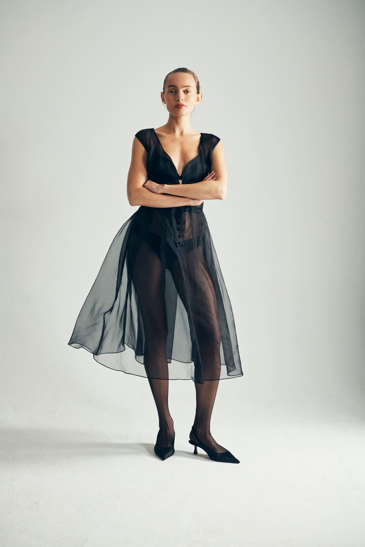 Model Wearing Monic Organza Silk Dress Front View - ByVarga