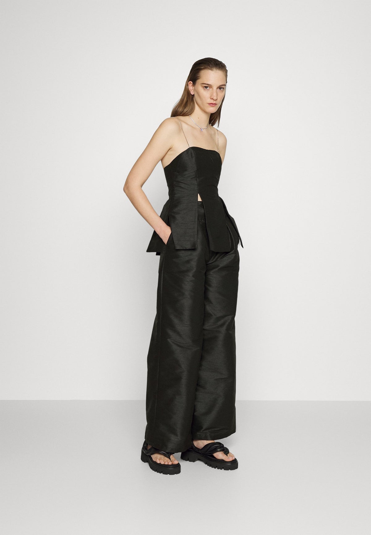 Model Wearing Nola Taffeta Trousers  - ByVarga