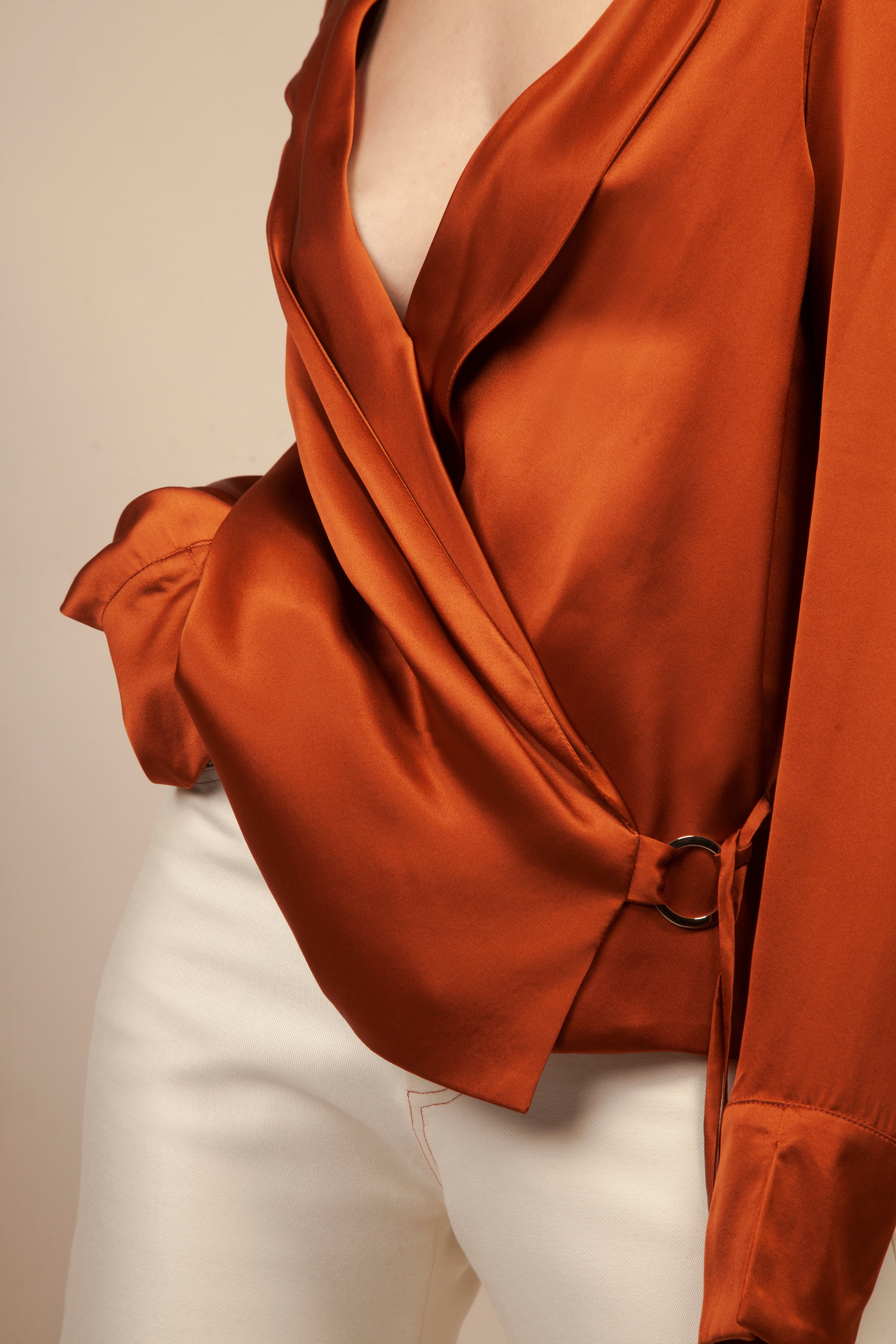 paula rust silk shirt closeup 